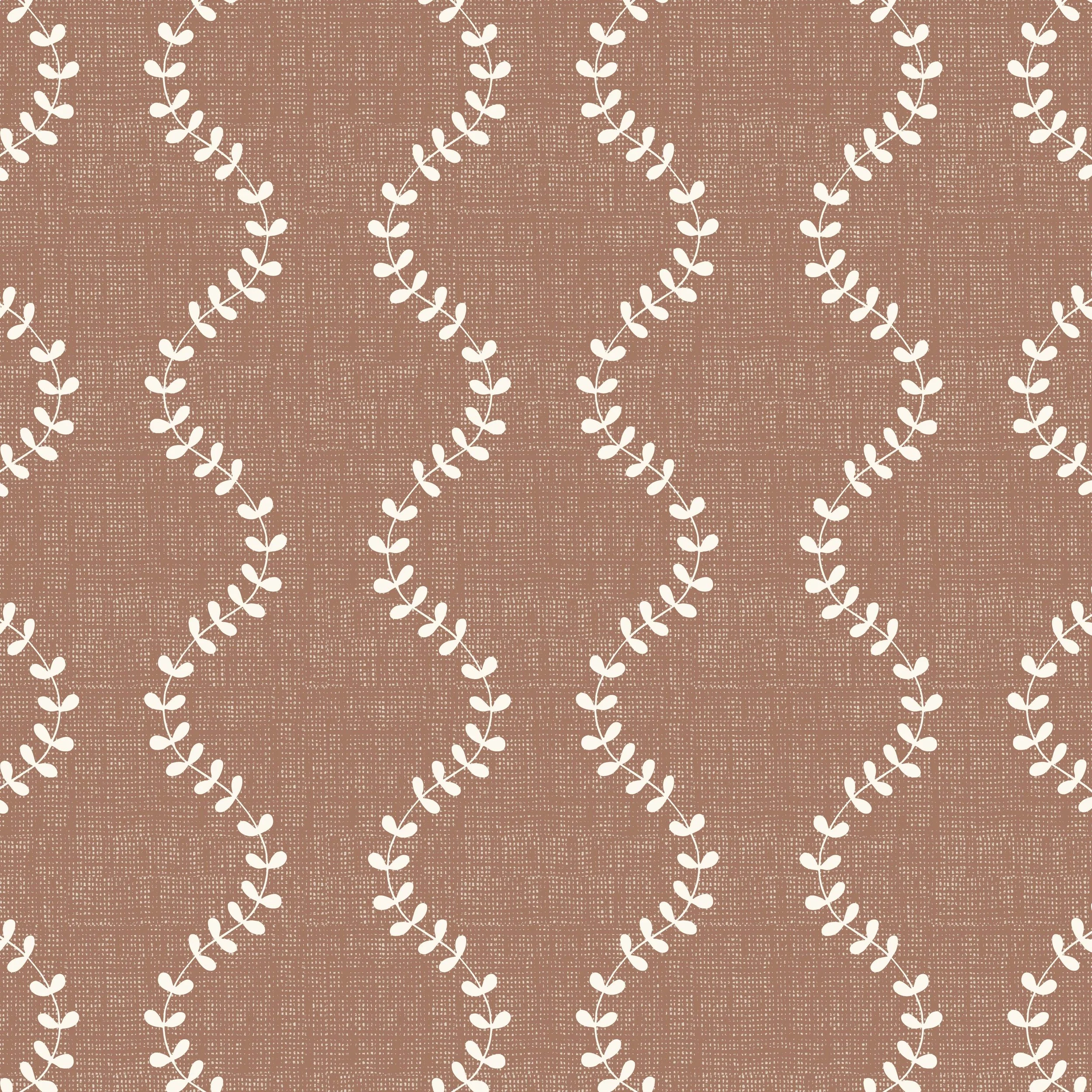 Decorative cream vine trellis arranged in an ogee repeat on an earthy brown background.