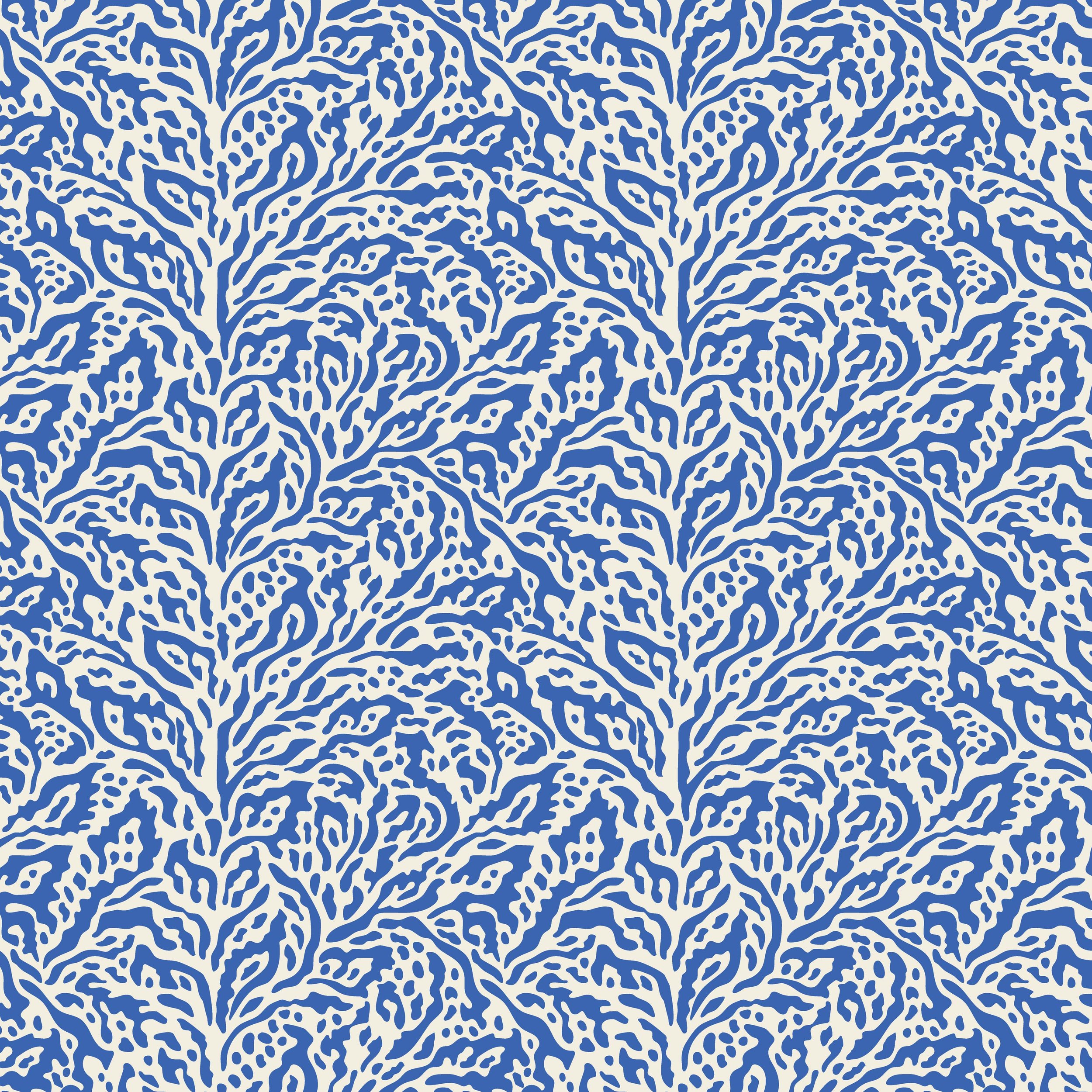 Abstract coral-inspired pattern in bright blue and cream from the Coastal Escape collection.