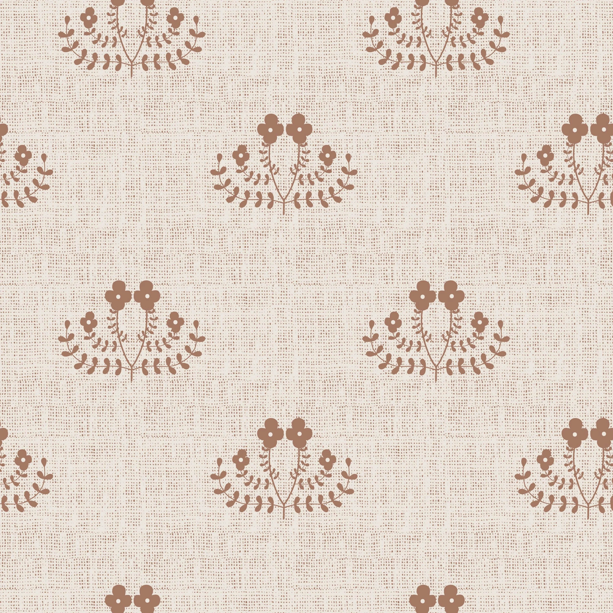 Vertical country cottage stripe with delicate cream vines and small brown flowers on beige.