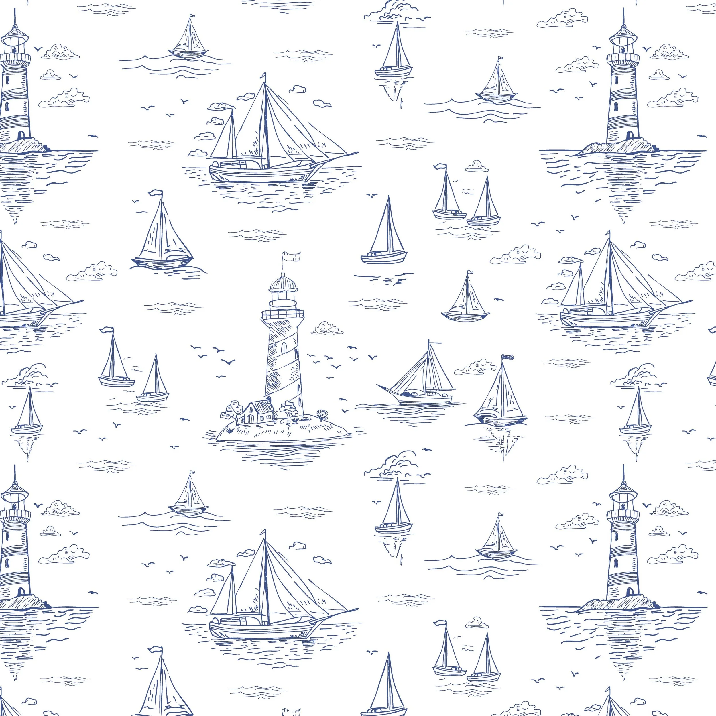 Nautical coastal pattern featuring hand-drawn sailboats and lighthouses in bright blue on white.