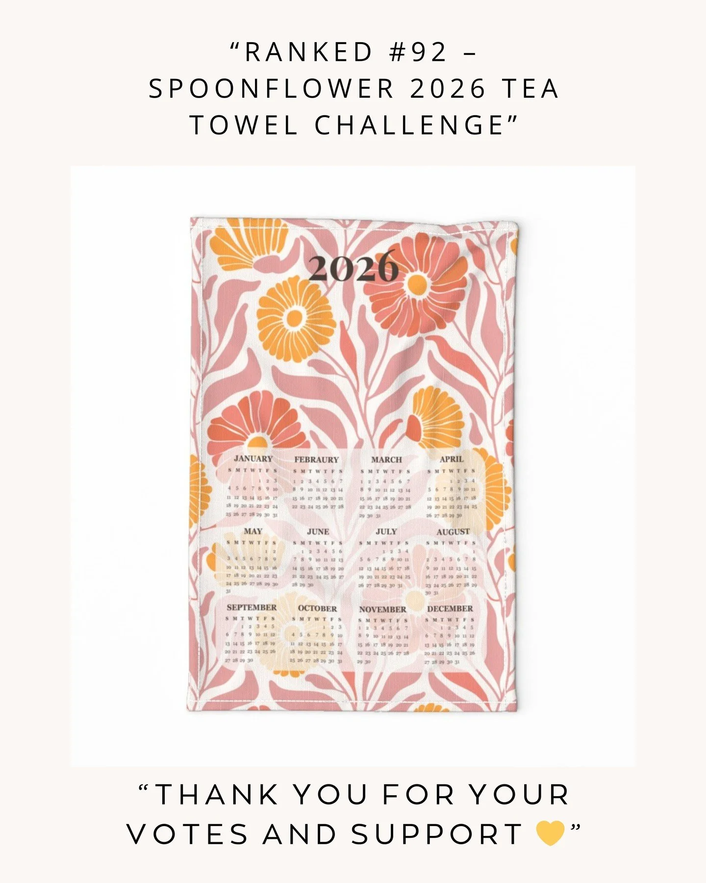🌿✨ Feeling so grateful! My 2026 Tea Towel Calendar design placed 92nd in @spoonflower &rsquo;s design challenge! 🫶
A huge thank you to everyone who took the time to vote, support, and share kind words &mdash; it truly means the world to me. 💛

Thi