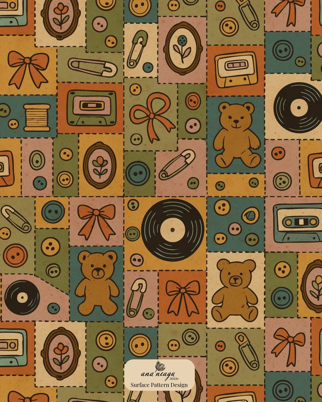 ✨ Excited to share my design for the @spoonflower &ldquo;Thrift Store Treasures&rdquo; Challenge!
My pattern, &ldquo;Thrifted Attic Treasures &ndash; Retro Tones&rdquo;, celebrates nostalgic patchwork charm &mdash; teddy bears, cassette tapes, sewing