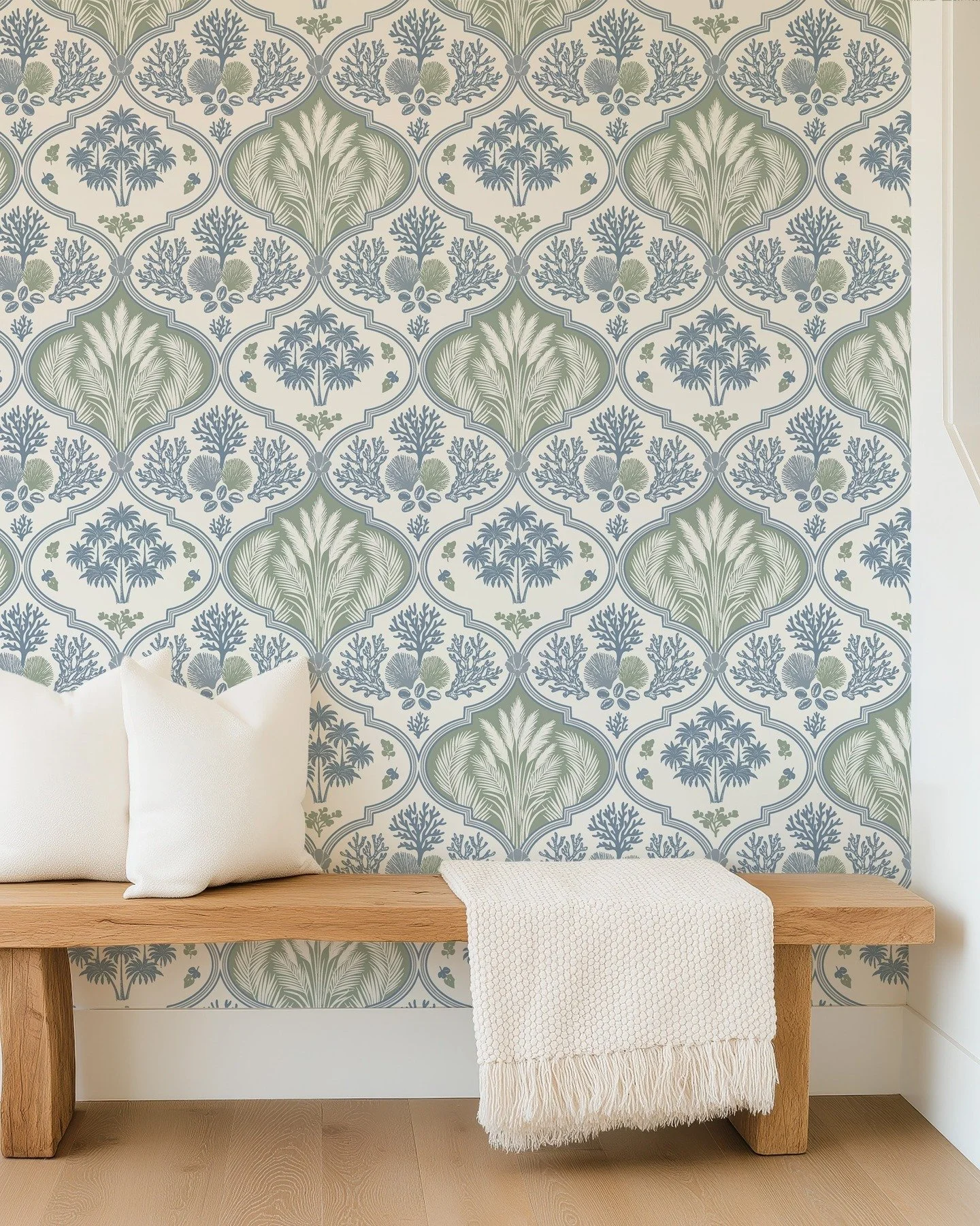 Coastal ogee wallpaper with palm trees and coral in soft blues and sage.
Available now on Spoonflower (fabric and wallpaper).

Inspired by tropical beach and Mediterranean interiors. Clean, calm, easy to style.

Custom color changes and scale adjustm