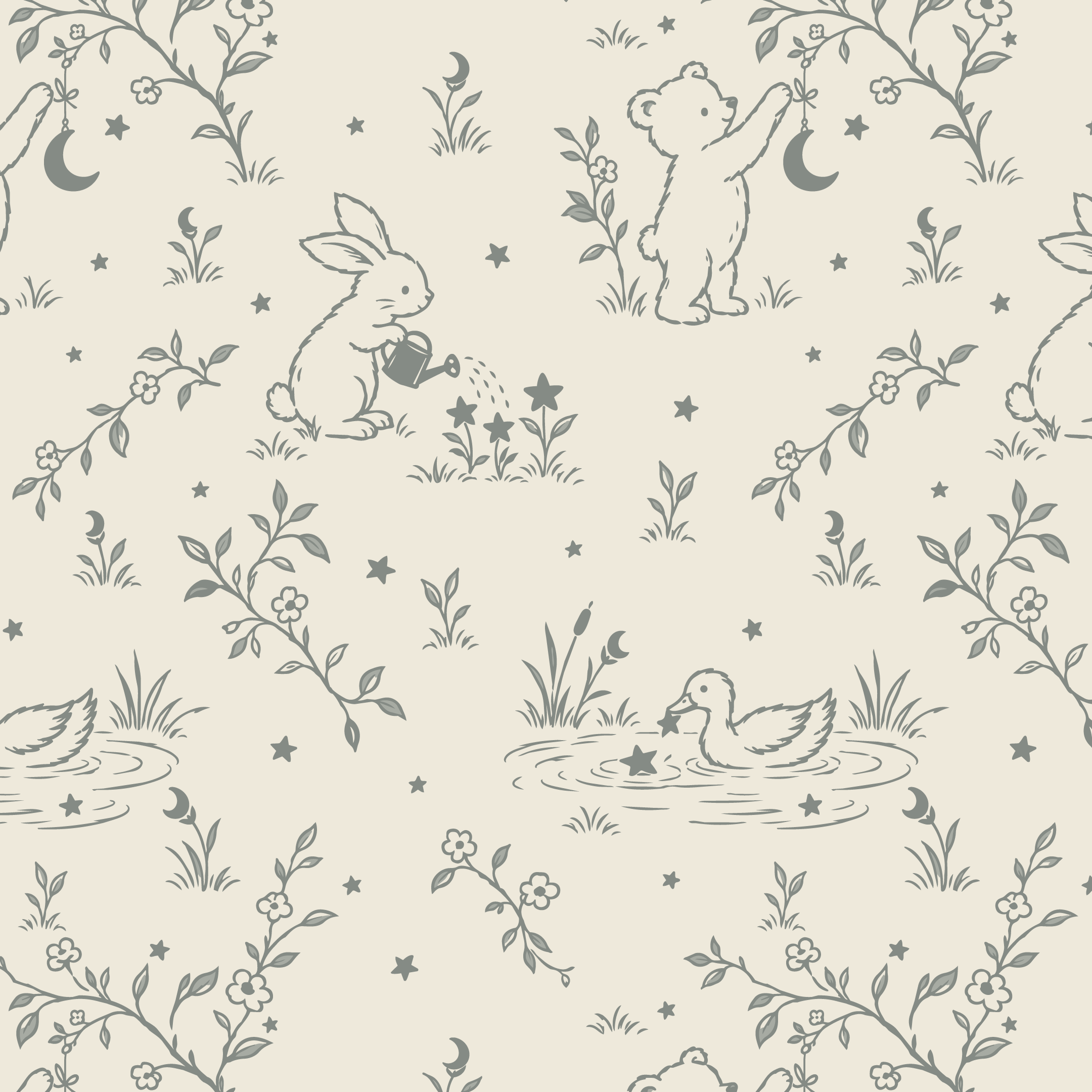 Gray sage and warm cream woodland nursery pattern with illustrated rabbits, a bear, a duck, crescent moons, stars, and delicate botanical details, coordinating with The Moon Garden modern toile collection.