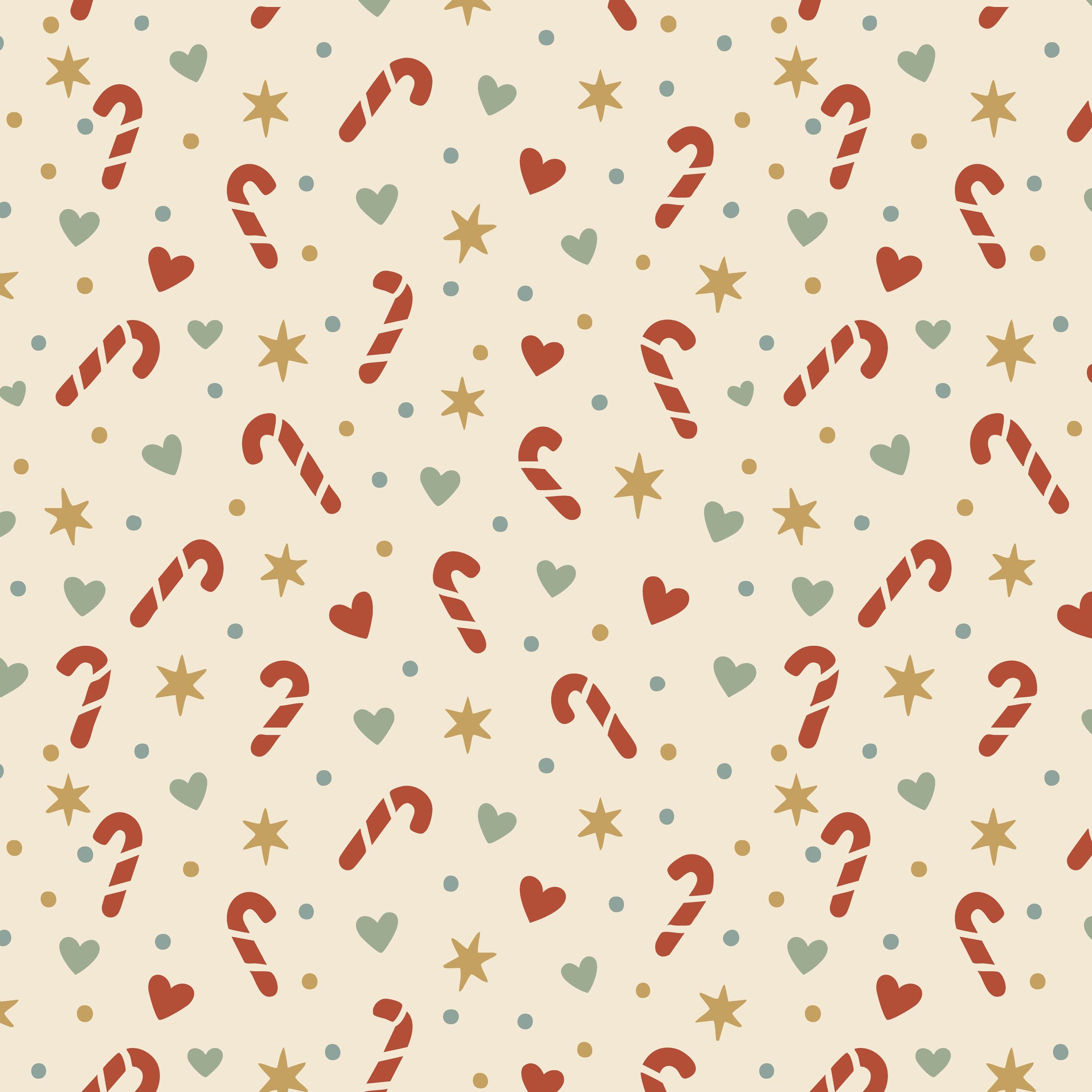 Retro Christmas candy cane pattern with colorful hearts and stars on a warm cream background