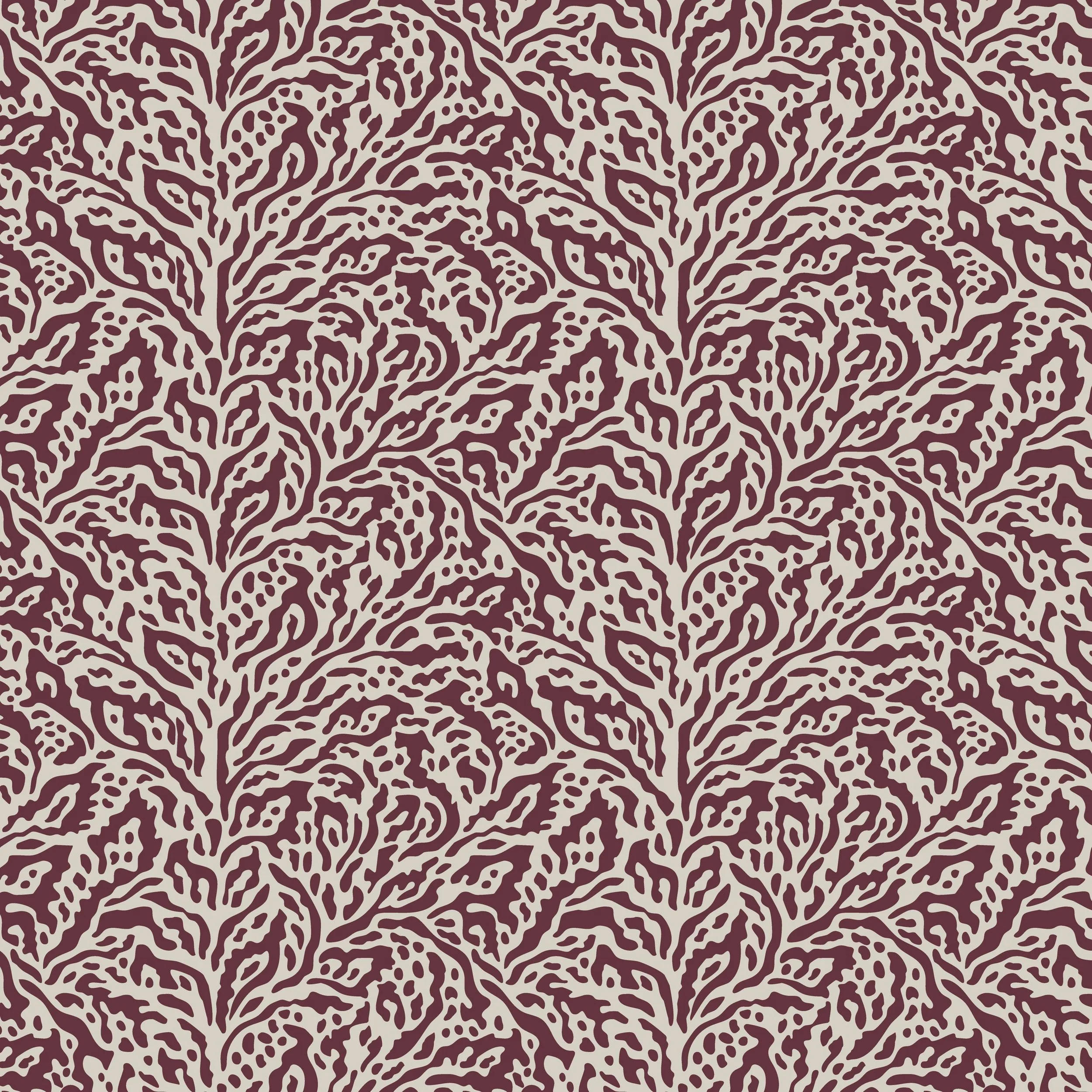 Abstract coral-inspired pattern in burgundy and cream from the Coastal Escape collection.
