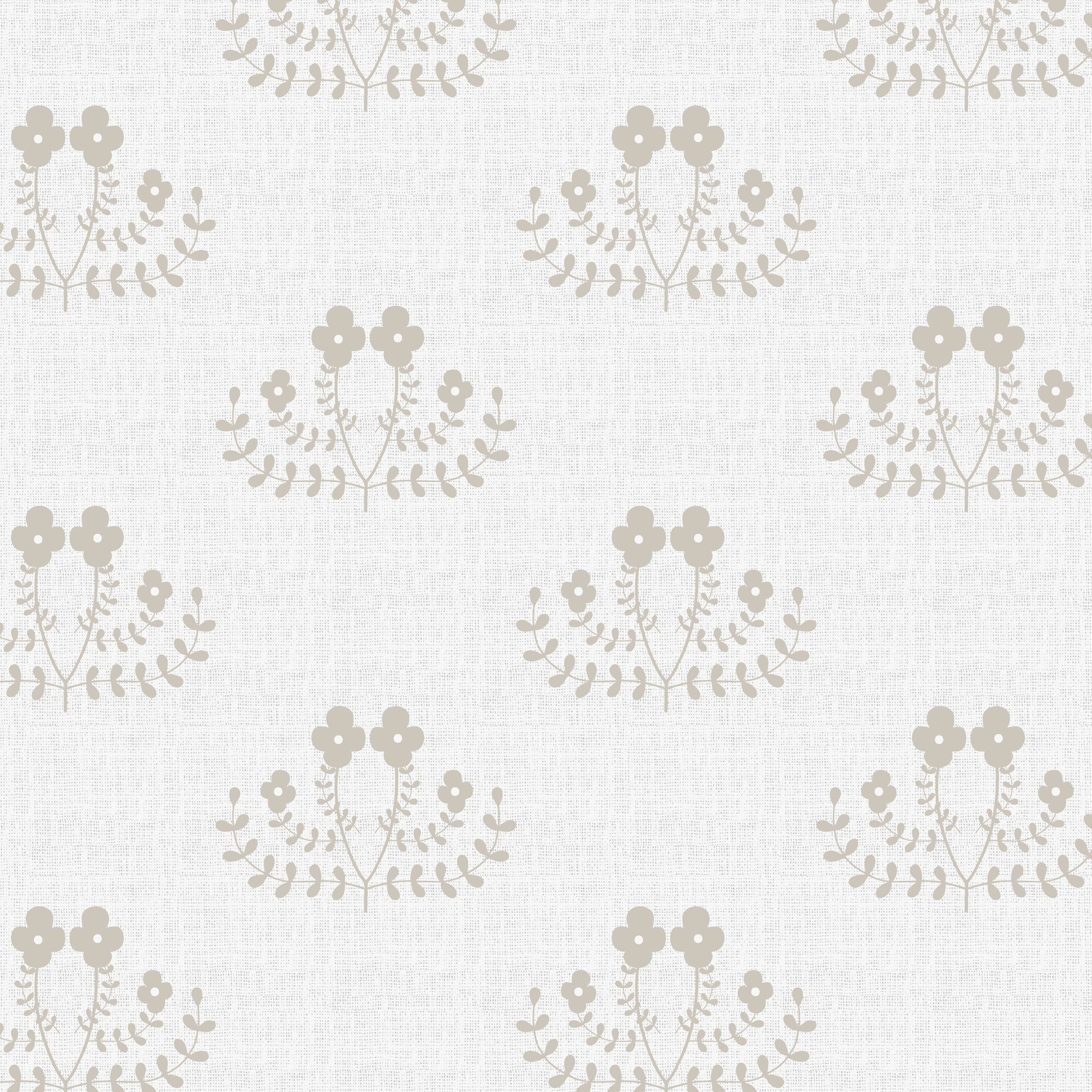 Vertical country cottage stripe with soft gray vines and small beige flowers on ivory.