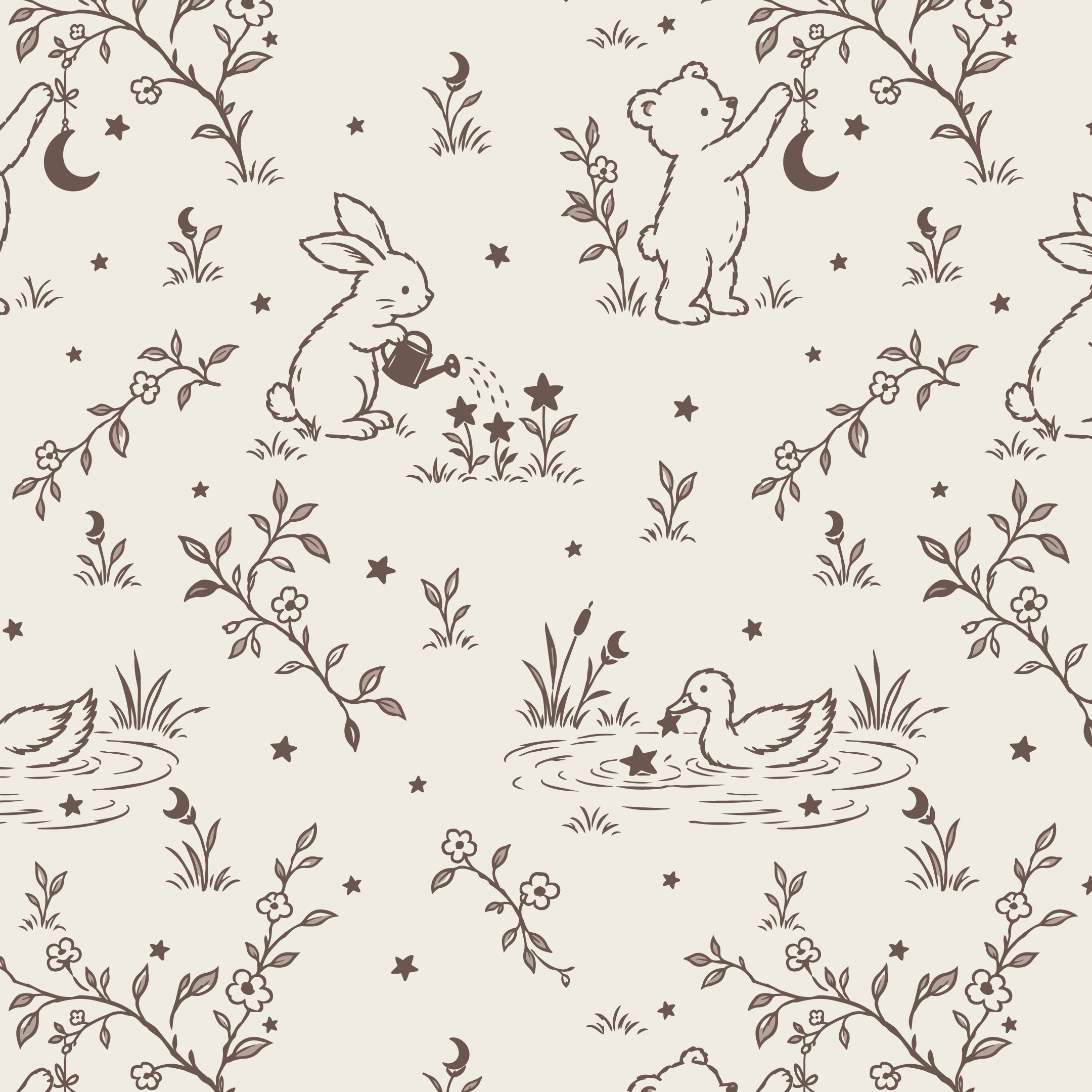 Brown and cream woodland nursery pattern featuring illustrated rabbits, a bear, a duck, crescent moons, little stars, and botanical details in a classic two-colour palette.