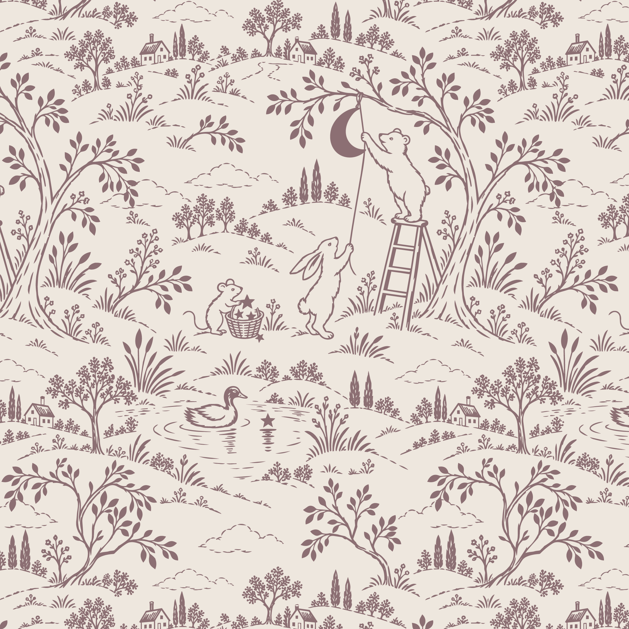 Mauve and warm ivory modern toile de Jouy nursery pattern featuring woodland animals, a bear placing the moon in the sky, rabbits, a mouse gathering stars, trees, and scenic countryside details.