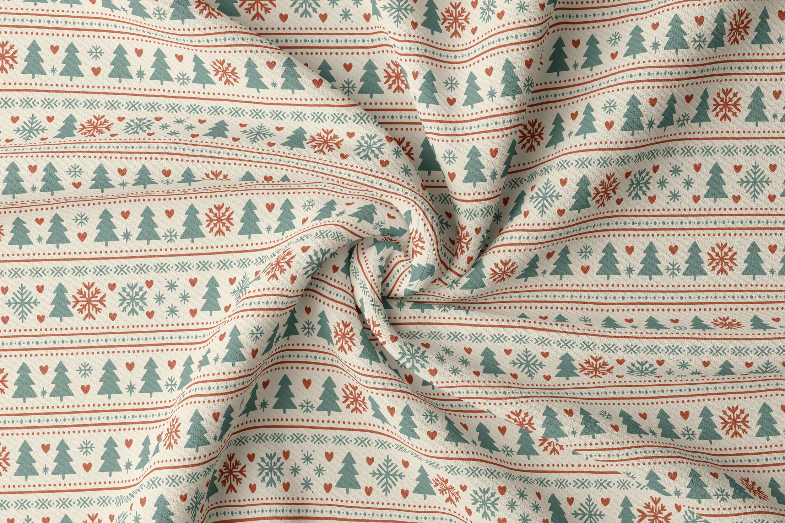 Fair Isle Christmas pattern with trees, snowflakes and hearts shown on fabric