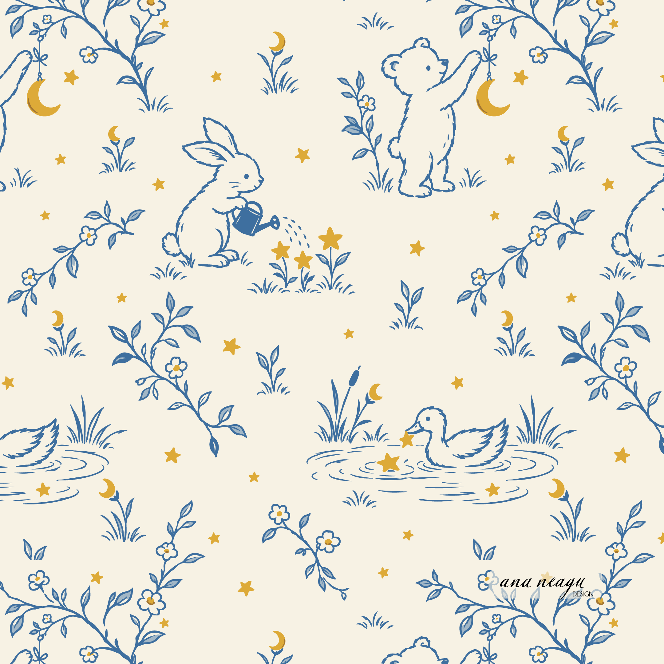 Dusty blue woodland nursery pattern with playful rabbits, a bear, a duck, golden yellow stars, crescent moons, and delicate botanical details on a warm cream background.
