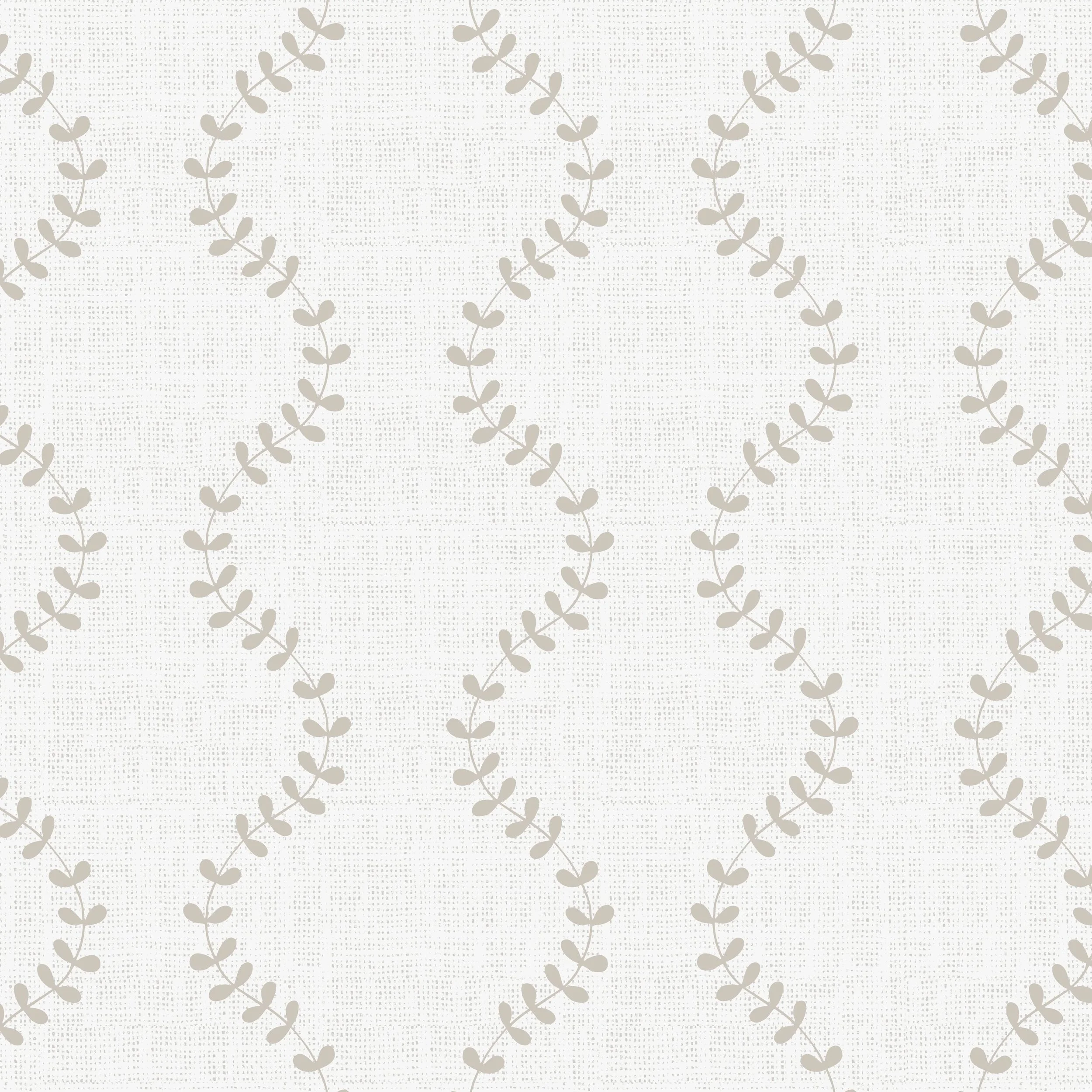 Delicate beige vine trellis arranged in an ogee repeat on a light ivory background.