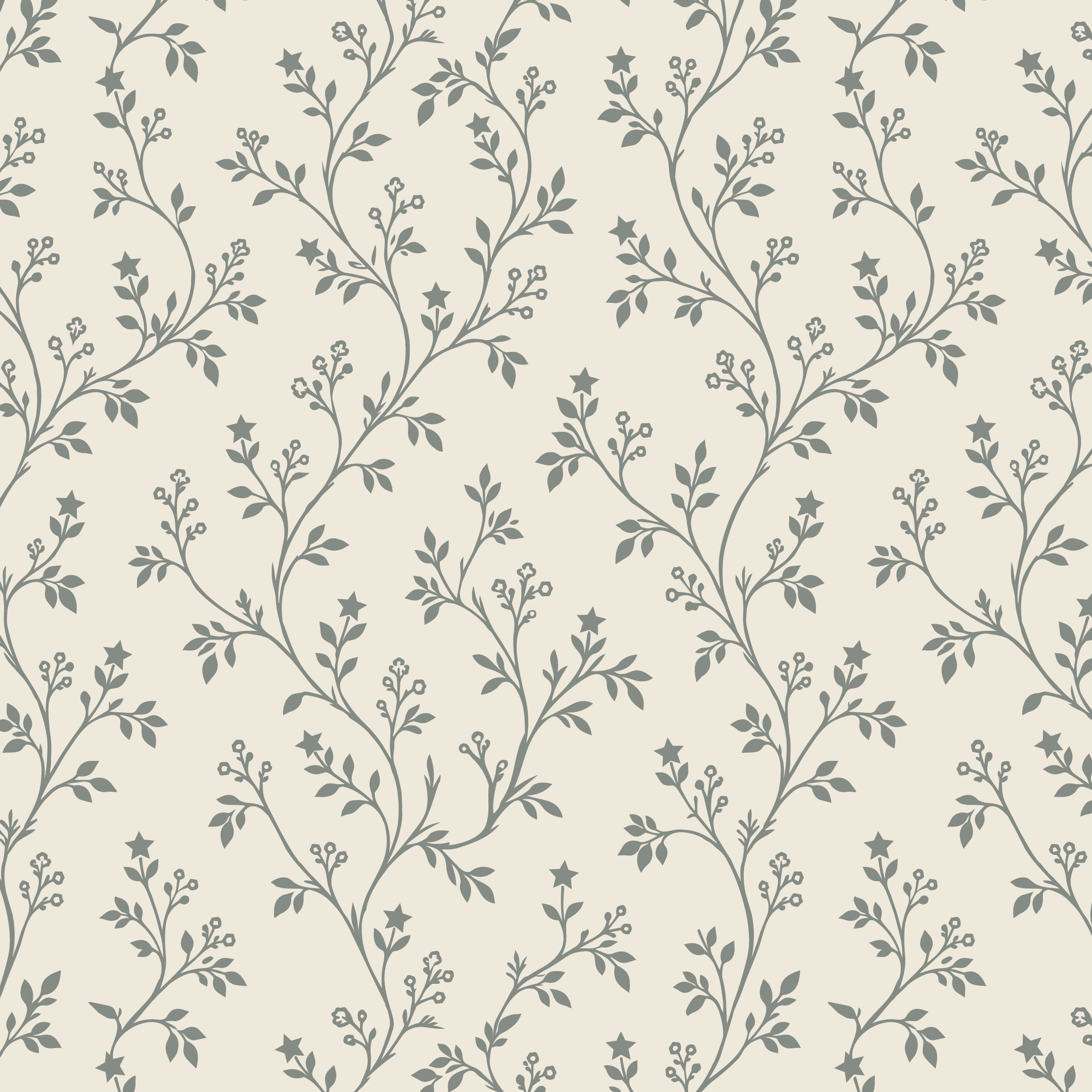 Delicate gray sage botanical vine pattern with trailing leafy branches, small flowers, and scattered stars on a warm cream background, designed as a coordinating nursery print for The Moon Garden.