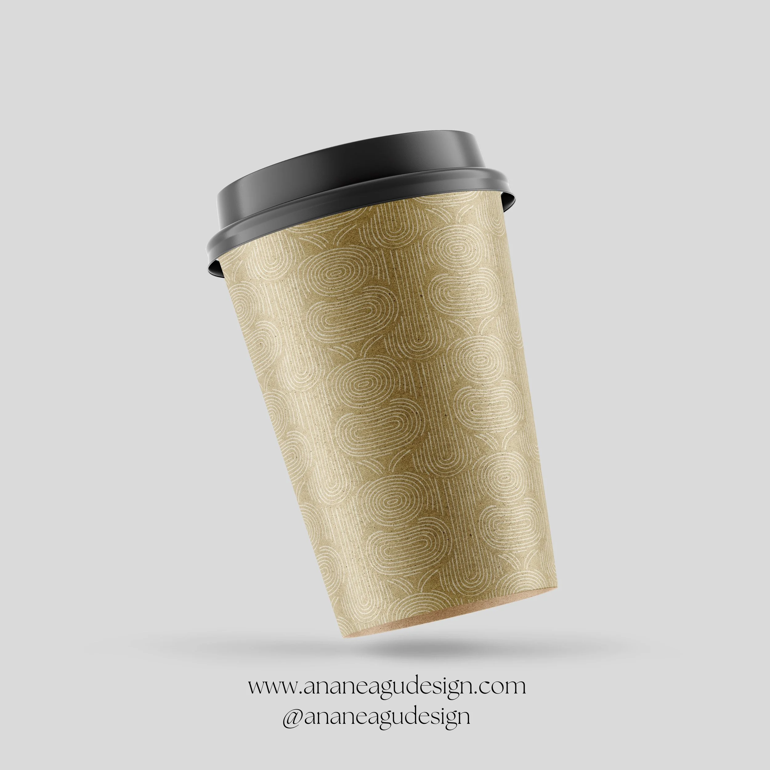A disposable coffee cup with a black lid, decorated with a beige and white geometric pattern, floating against a light gray background with a website and social media handle at the bottom.