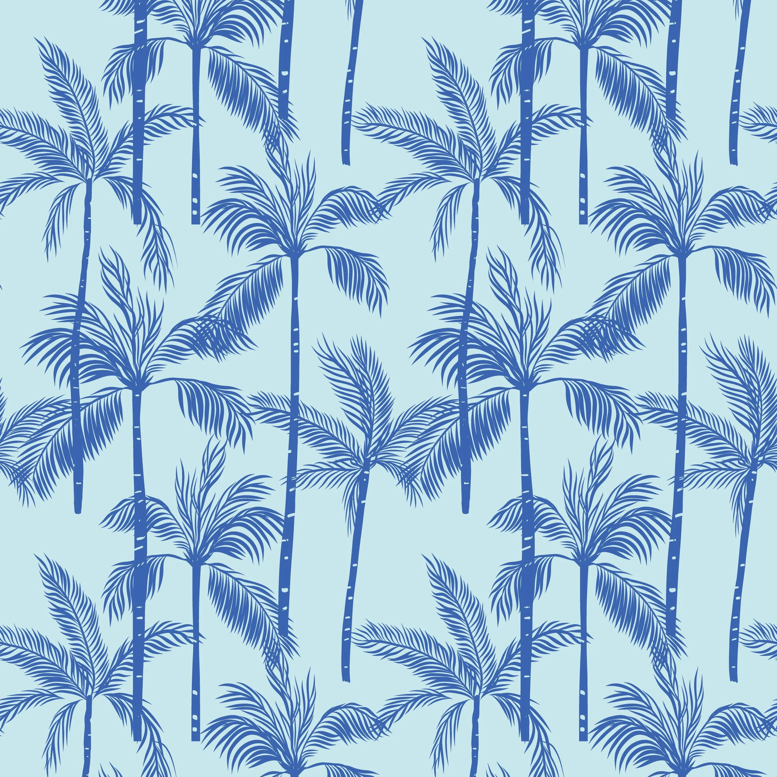 Tropical palm tree pattern in bright blue on a pale aqua background from the Coastal Escape collection.