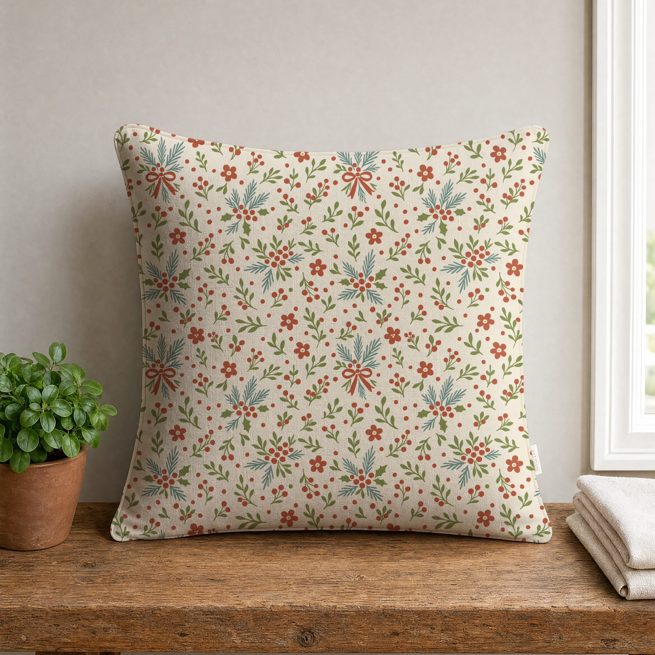 Winter botanical Christmas pattern with berries, evergreen sprigs and bows on a decorative pillow