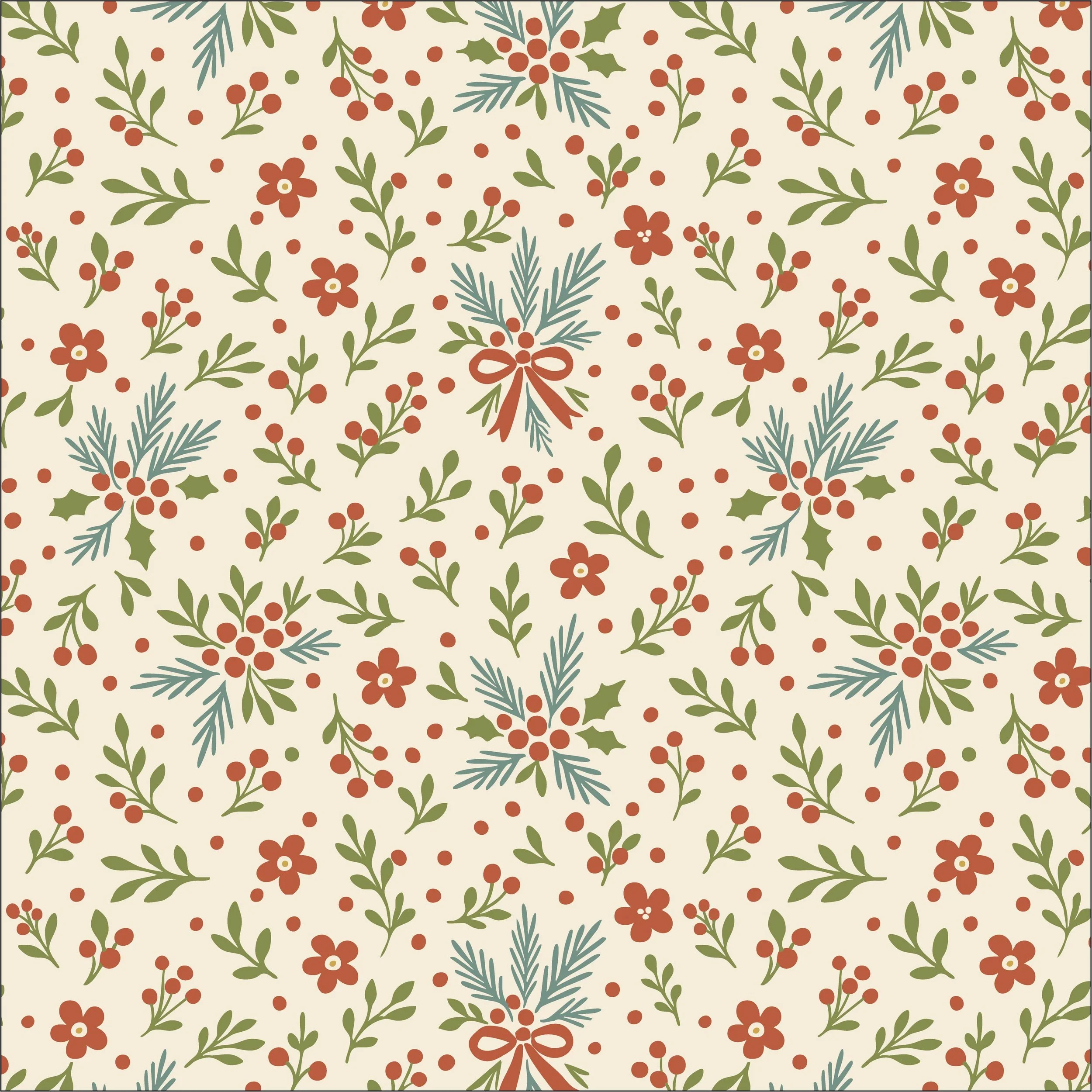 Winter botanical Christmas pattern with berries, evergreen sprigs, flowers and festive bows