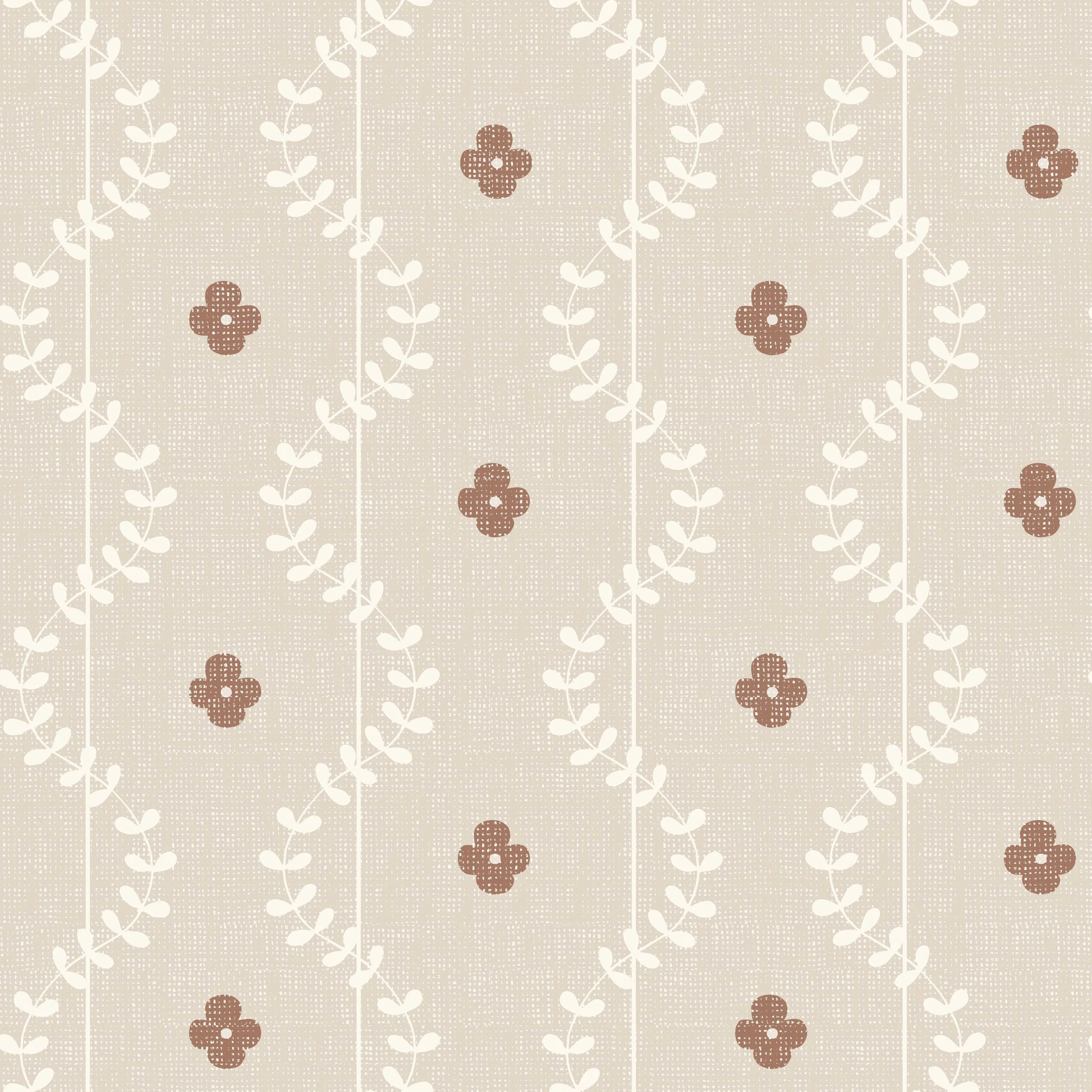 Small country cottage floral sprigs in earthy brown on a warm cream background.