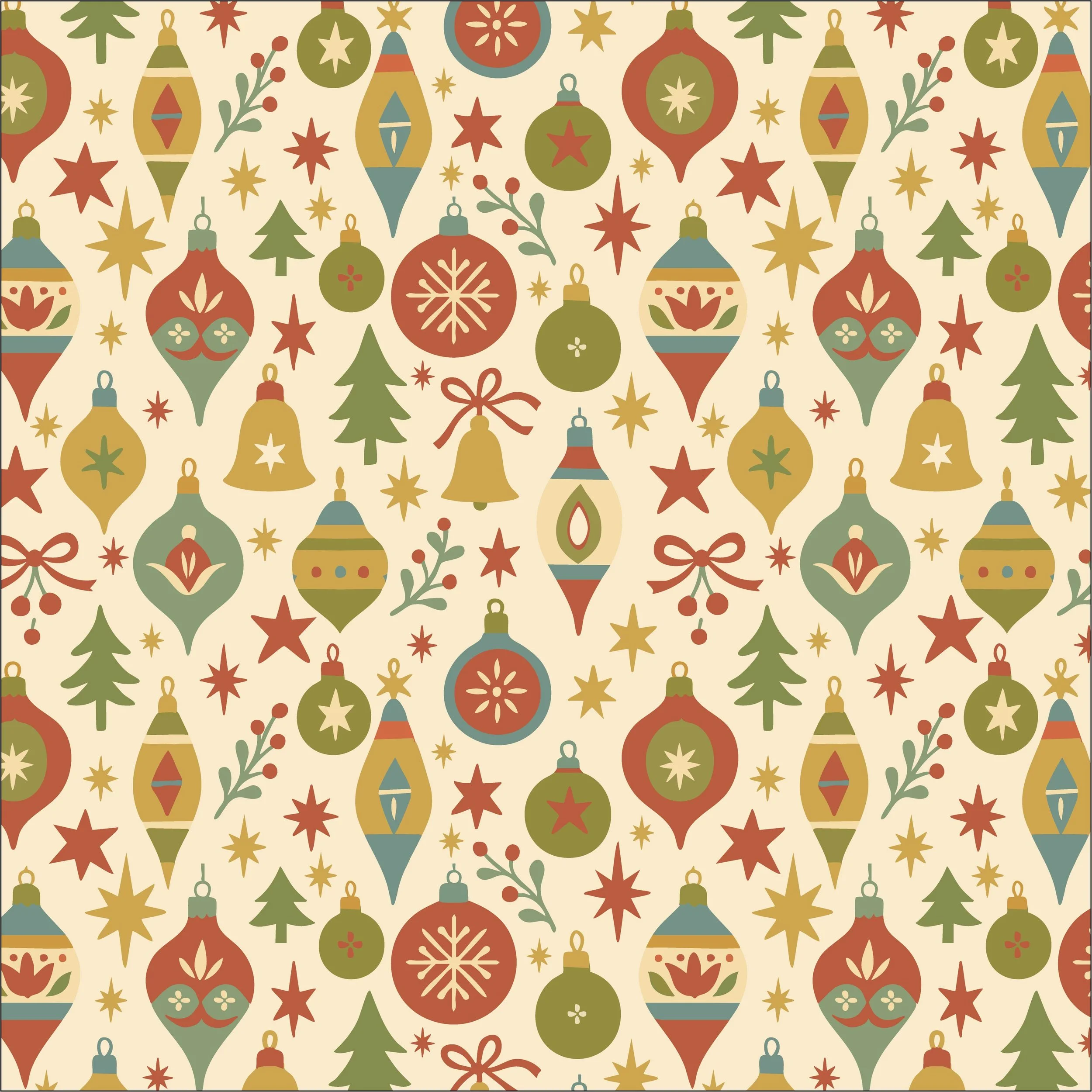 Vintage Christmas ornament pattern with baubles, bells, bows, stars and festive trees