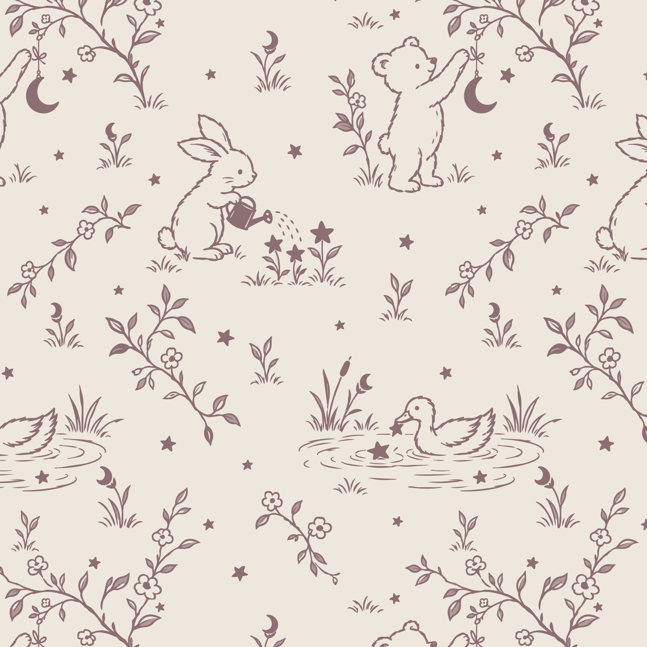 Mauve woodland nursery pattern on a warm ivory background, featuring playful illustrated animals, crescent moons, scattered stars, and botanical accents from The Moon Garden collection.