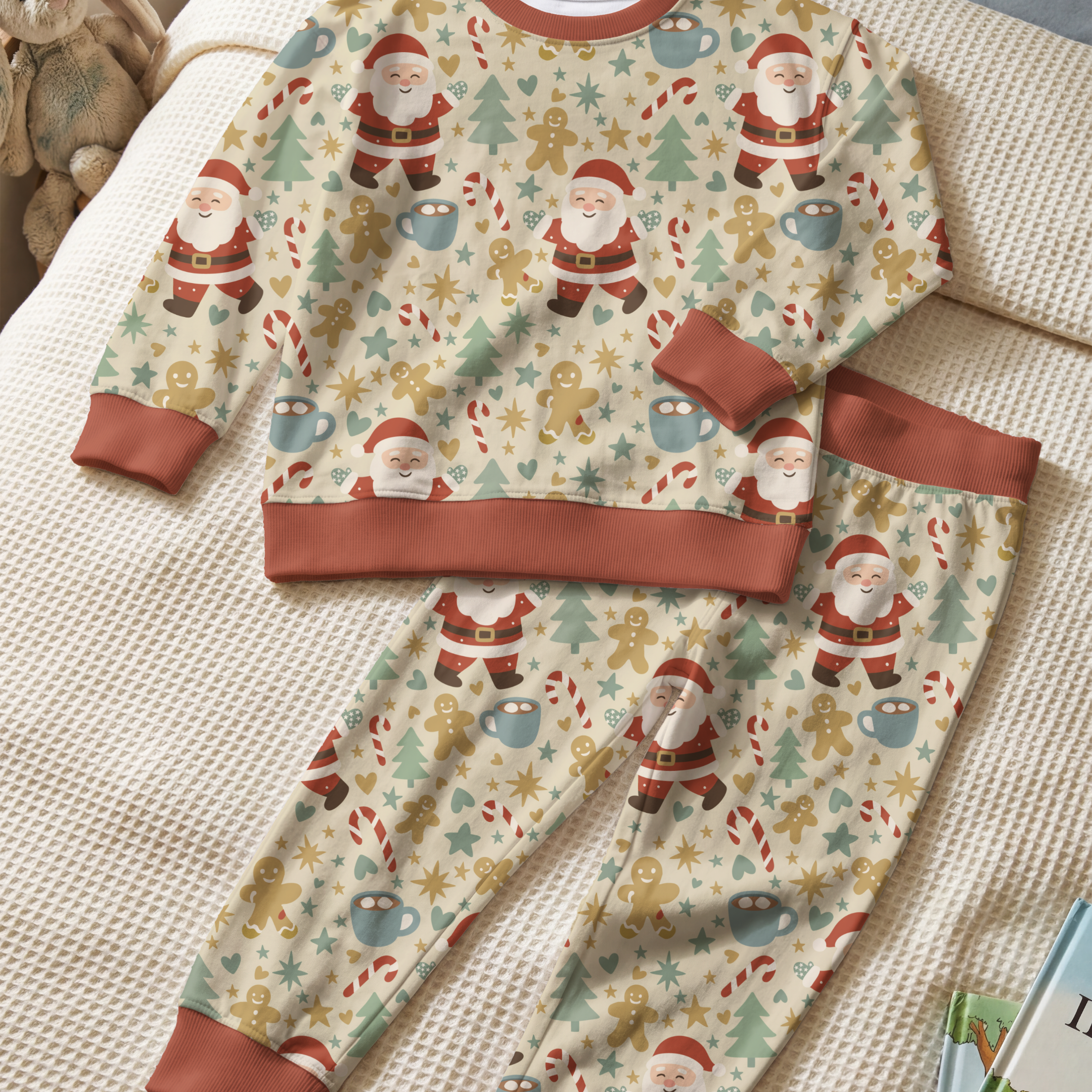 Retro Santa Christmas pattern shown on children’s pajamas