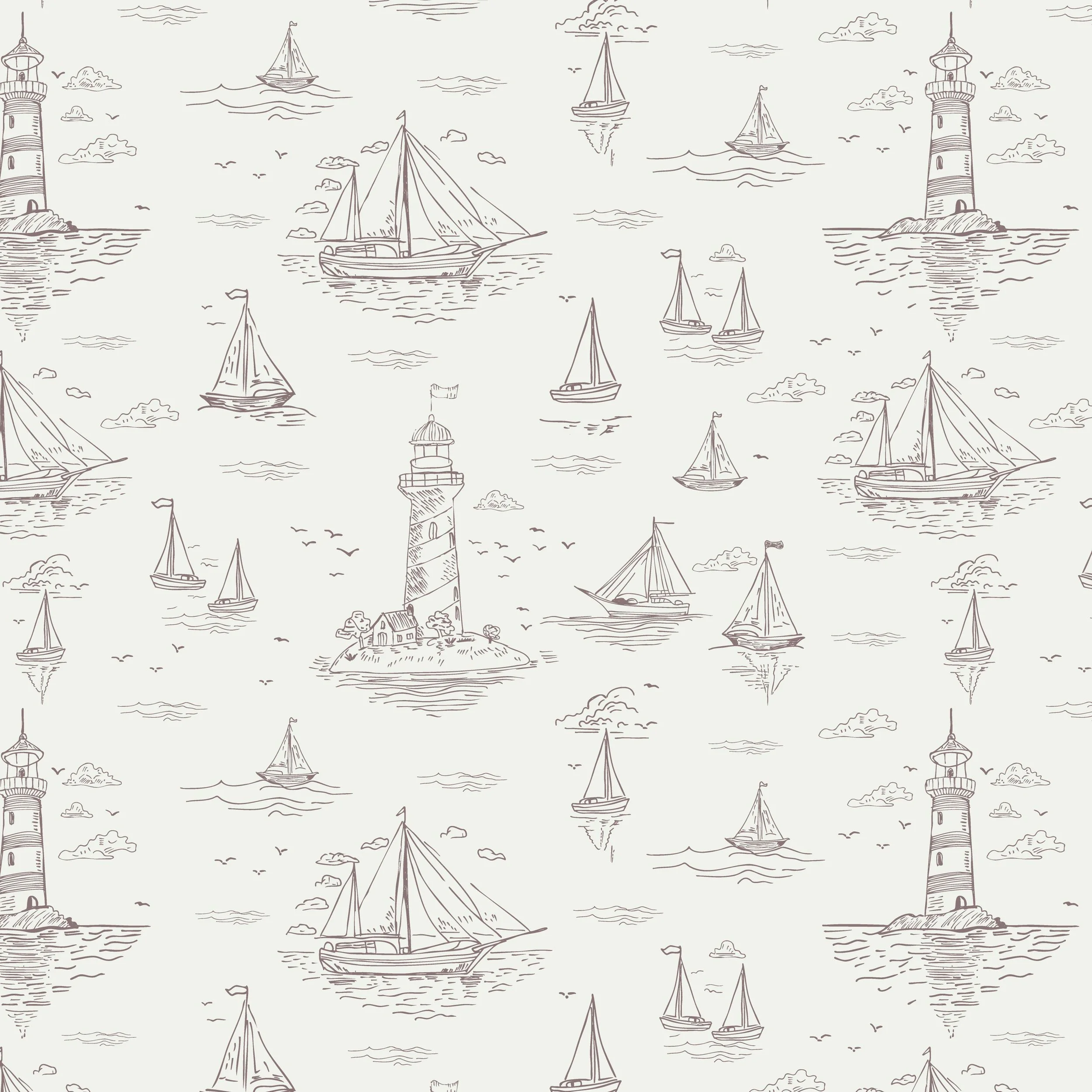 Nautical coastal pattern featuring hand-drawn sailboats and lighthouses in cinnamon brown on white.