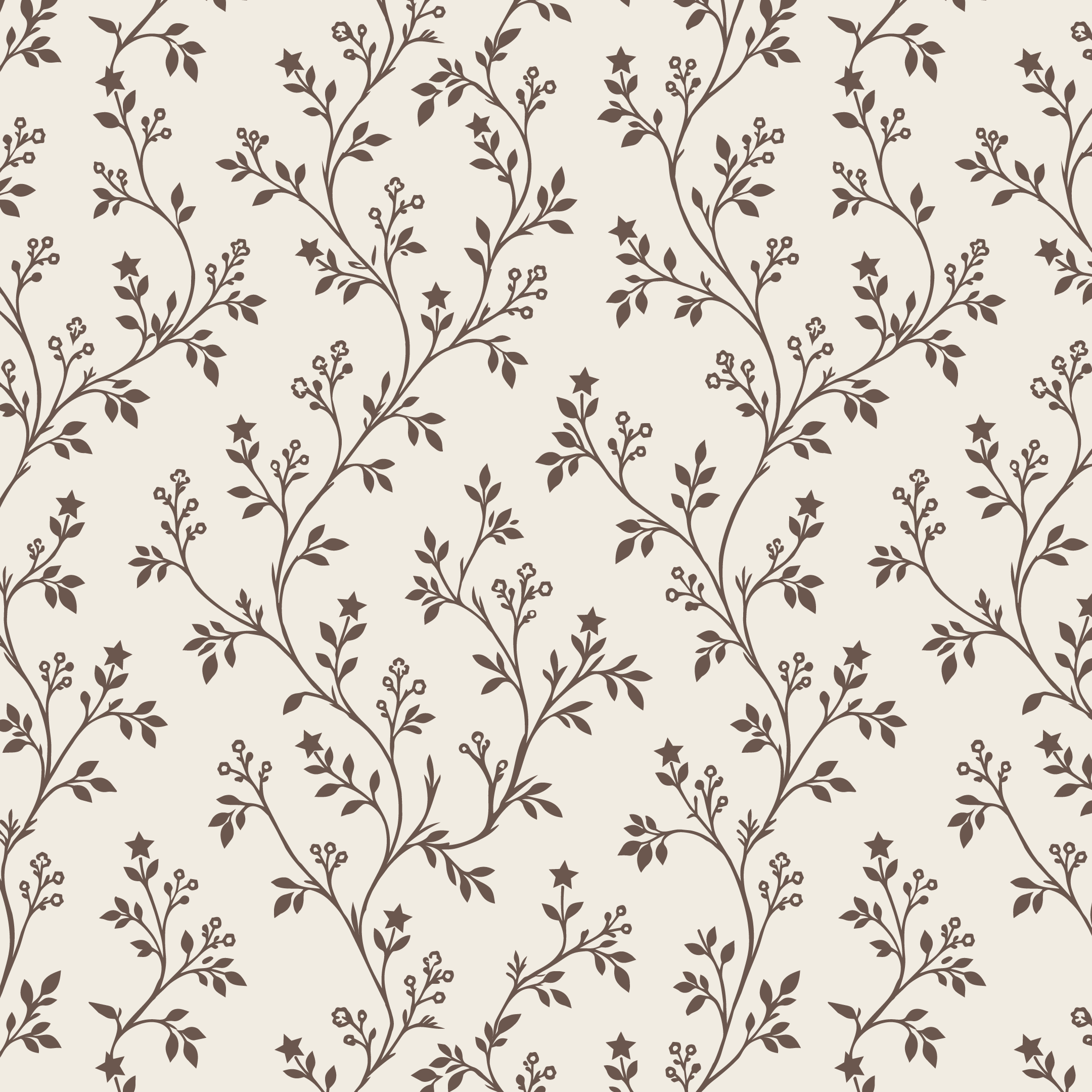 Brown botanical vine nursery pattern with delicate trailing branches, leaves, small flowers, and scattered stars on a warm cream background, part of The Moon Garden coordinating collection.