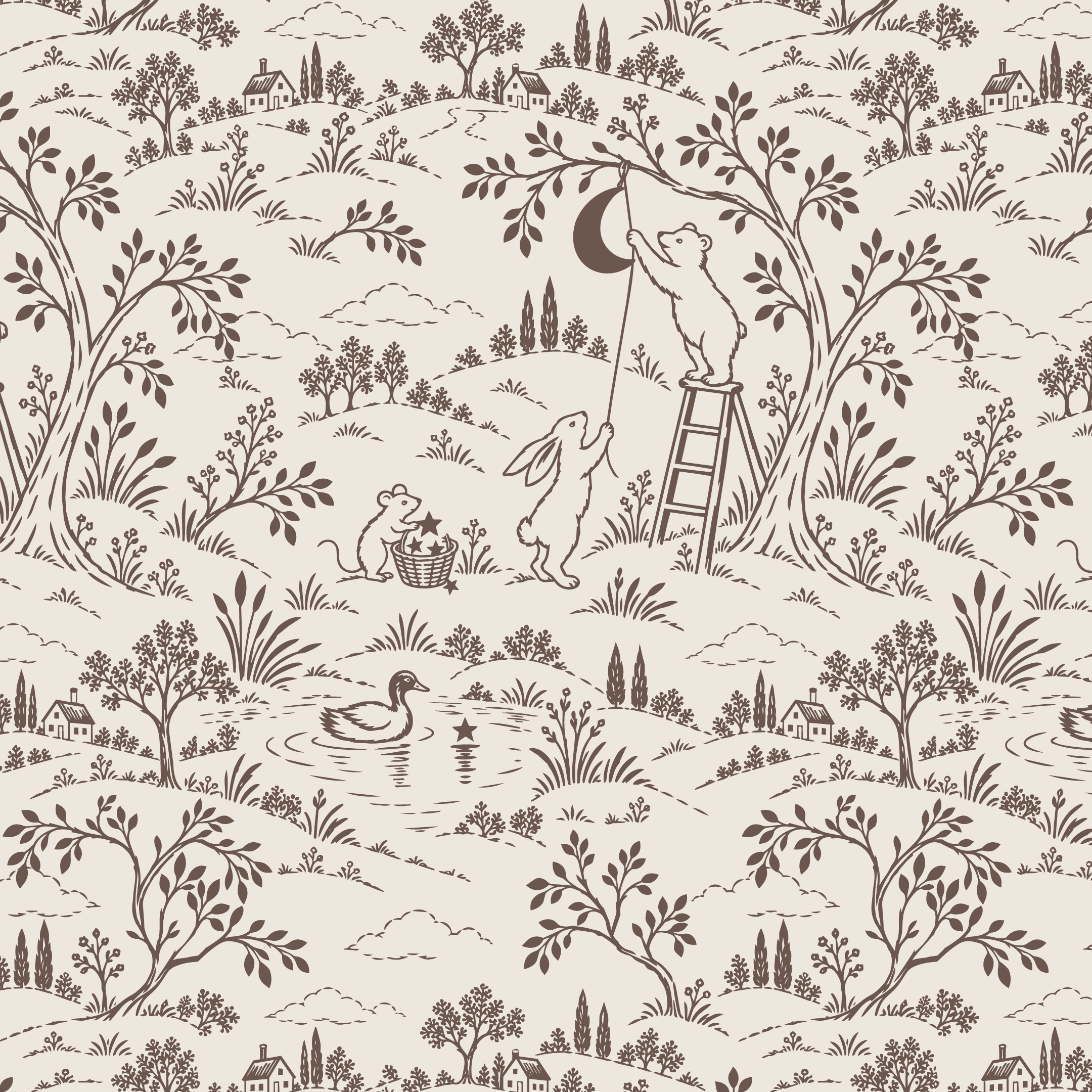 Brown and cream modern toile de Jouy nursery pattern with illustrated woodland animals preparing for bedtime, a bear placing the moon in the sky, a mouse collecting stars, and countryside scenery.