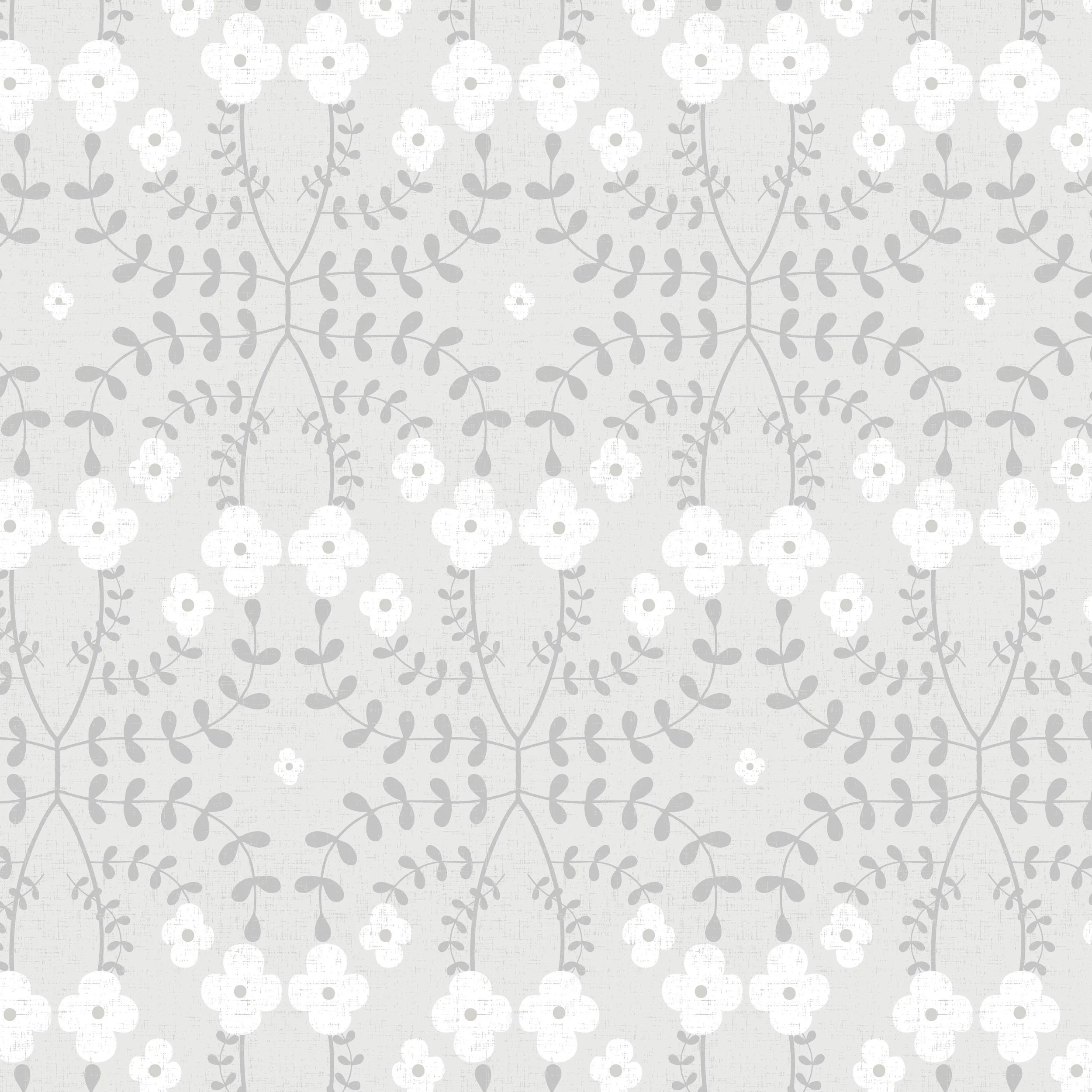 Country cottage floral trellis with ivory flowers and soft gray vines on a light neutral background.
