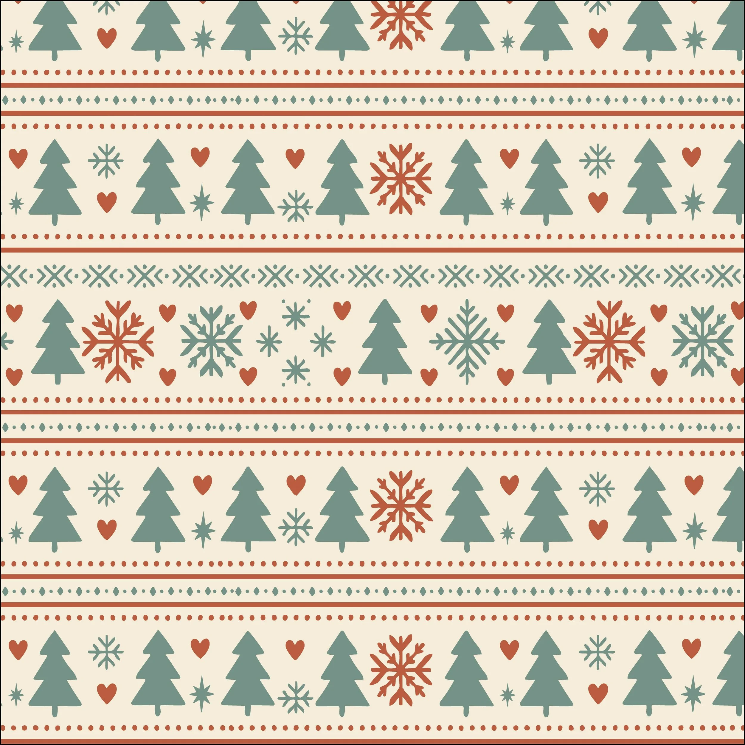 Fair Isle Christmas pattern with festive trees, snowflakes and hearts in retro colors
