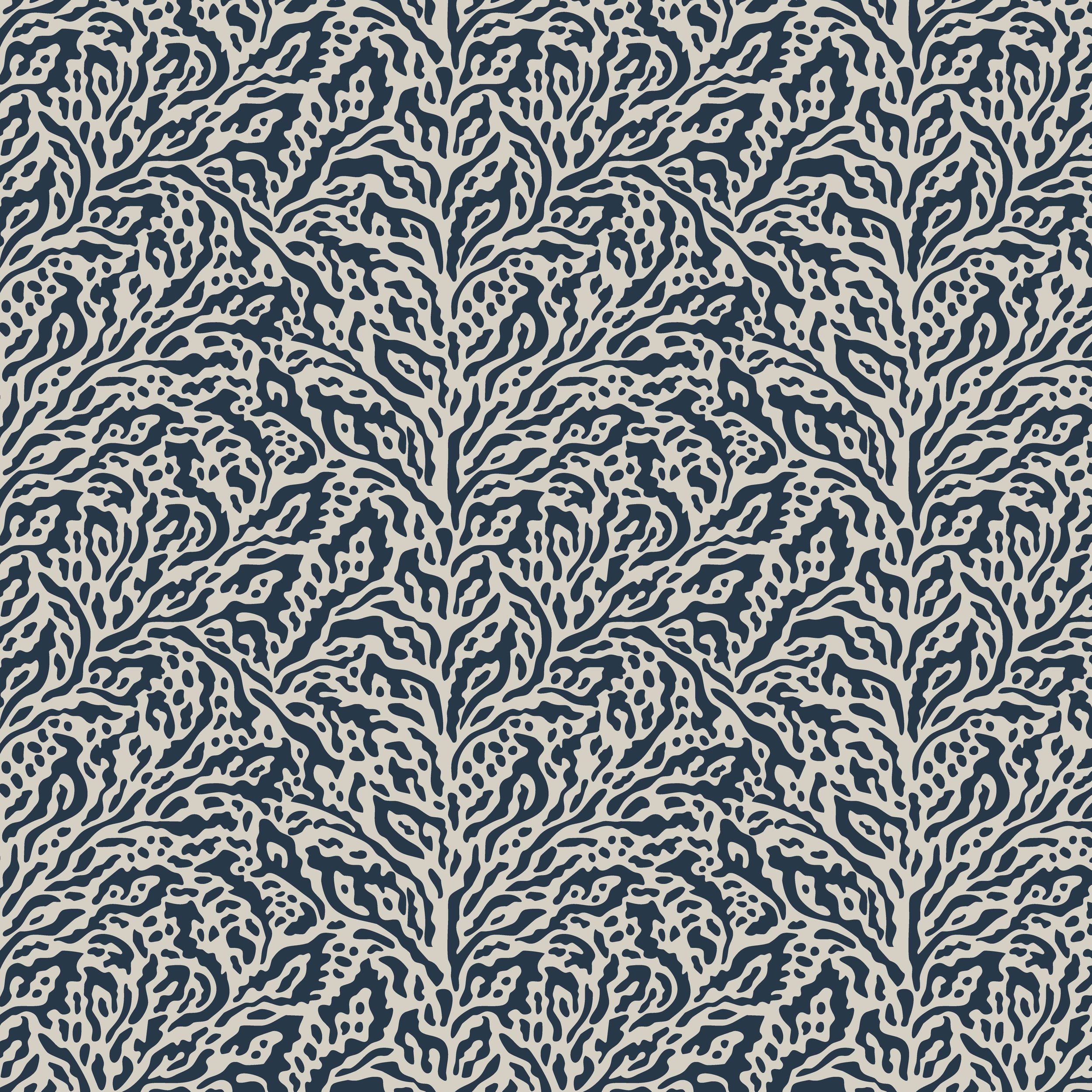 Abstract coral-inspired pattern in navy blue and cream from the Coastal Escape collection.
