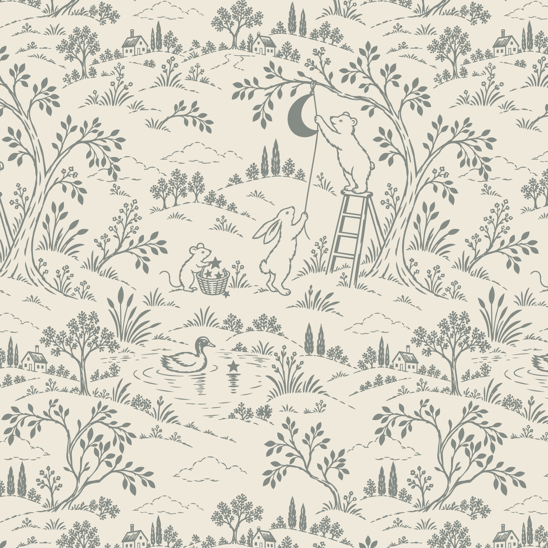 Gray sage and warm cream modern toile de Jouy pattern featuring woodland animals preparing for bedtime, with a bear placing the moon in the sky, rabbits, stars, and countryside scenes.