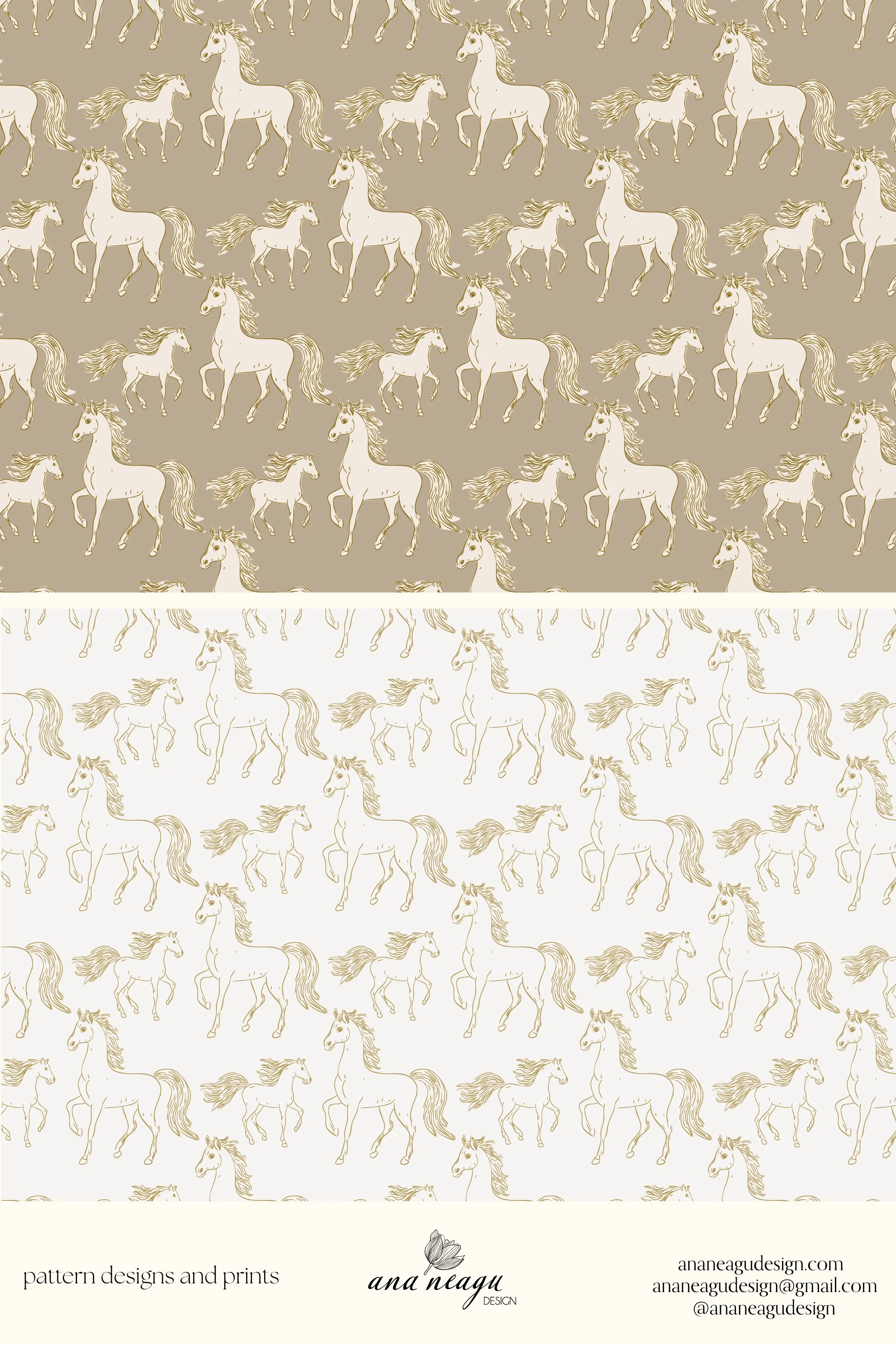 Pattern design featuring white and beige horses with flowing manes on taupe, white, and cream backgrounds, displayed in horizontal bands.