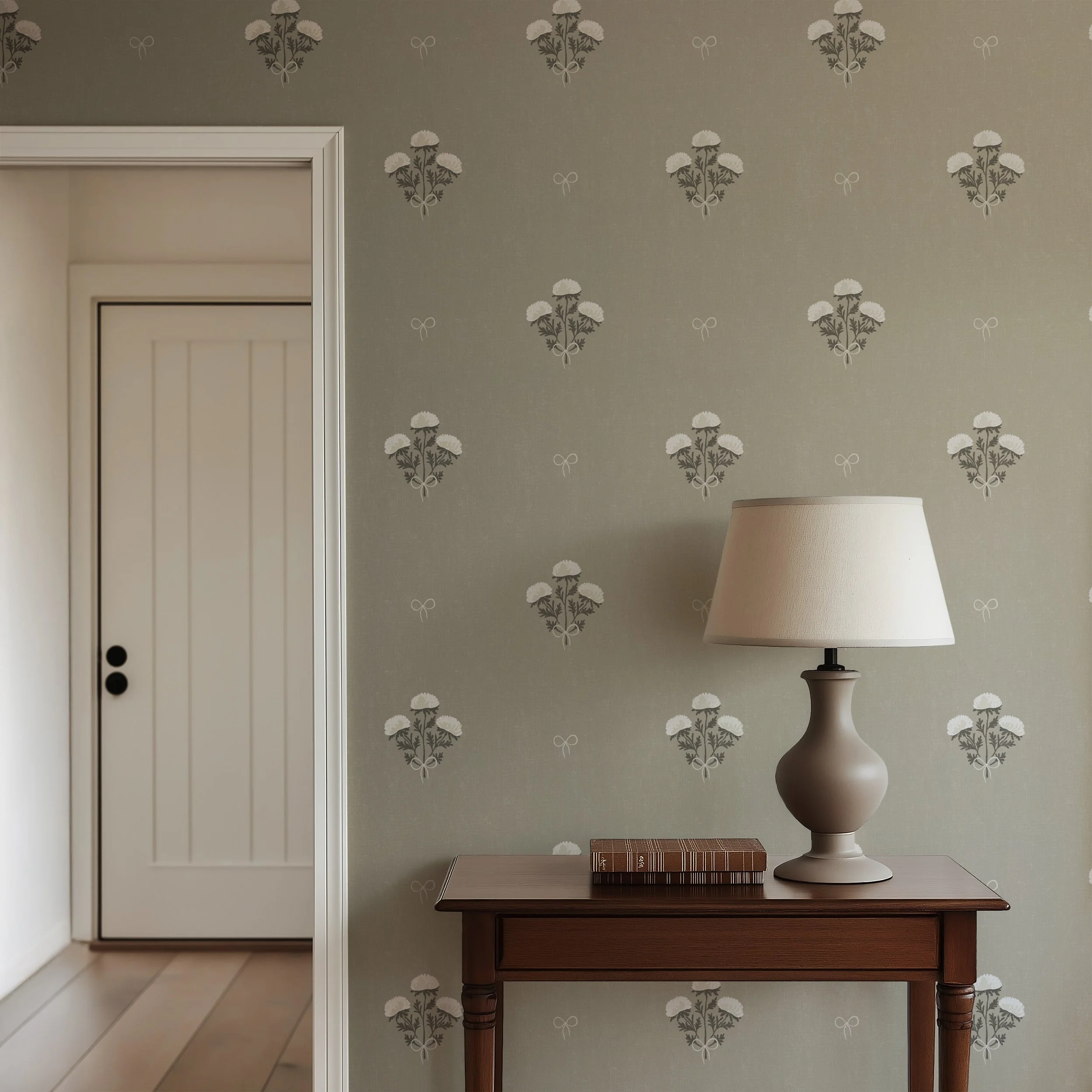 Marigold Bouquet floral wallpaper displayed in a warm traditional bedroom