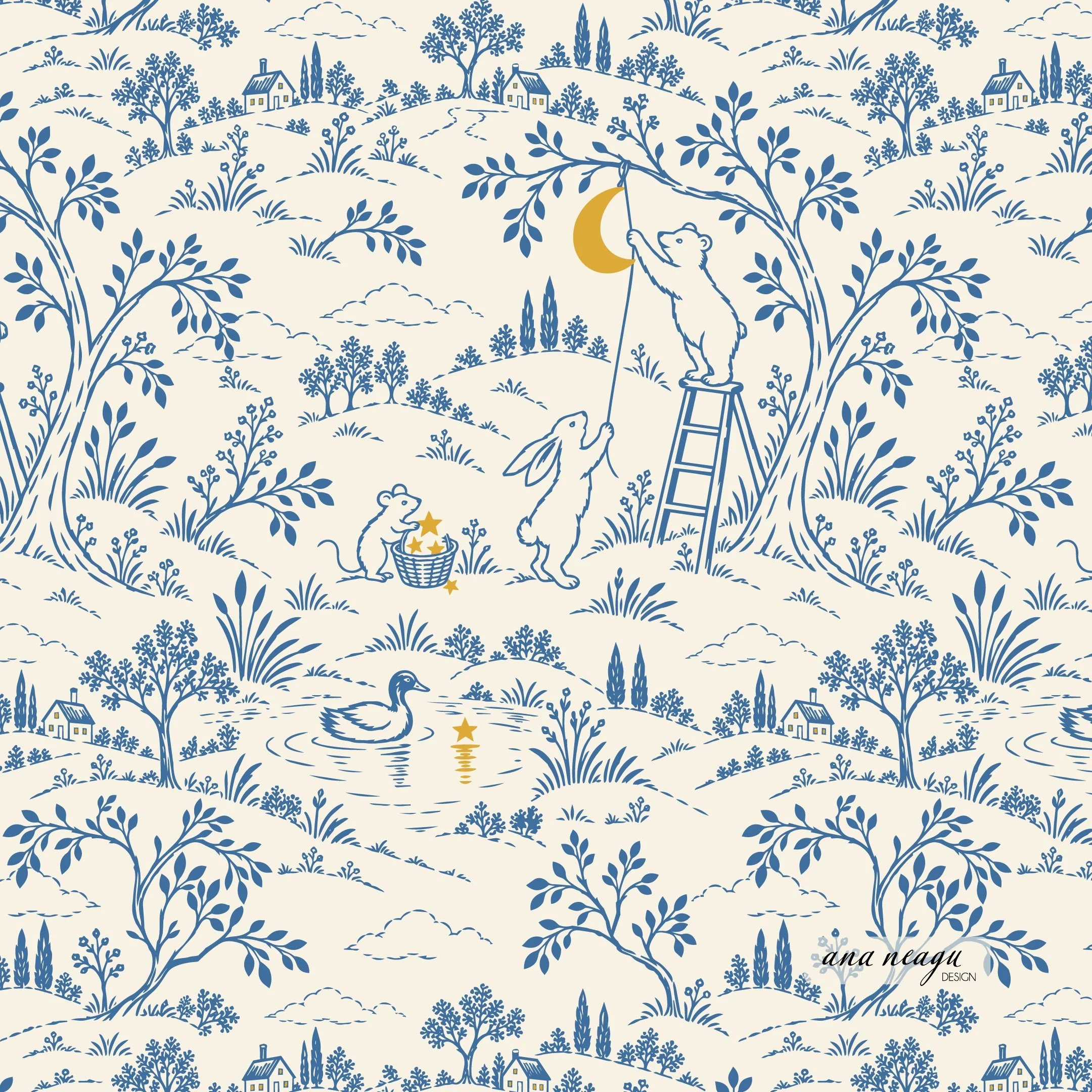 Dusty blue and golden yellow modern toile nursery pattern featuring woodland animals preparing for bedtime, with a bear hanging the moon, a rabbit, a mouse gathering stars, and scenic countryside details.