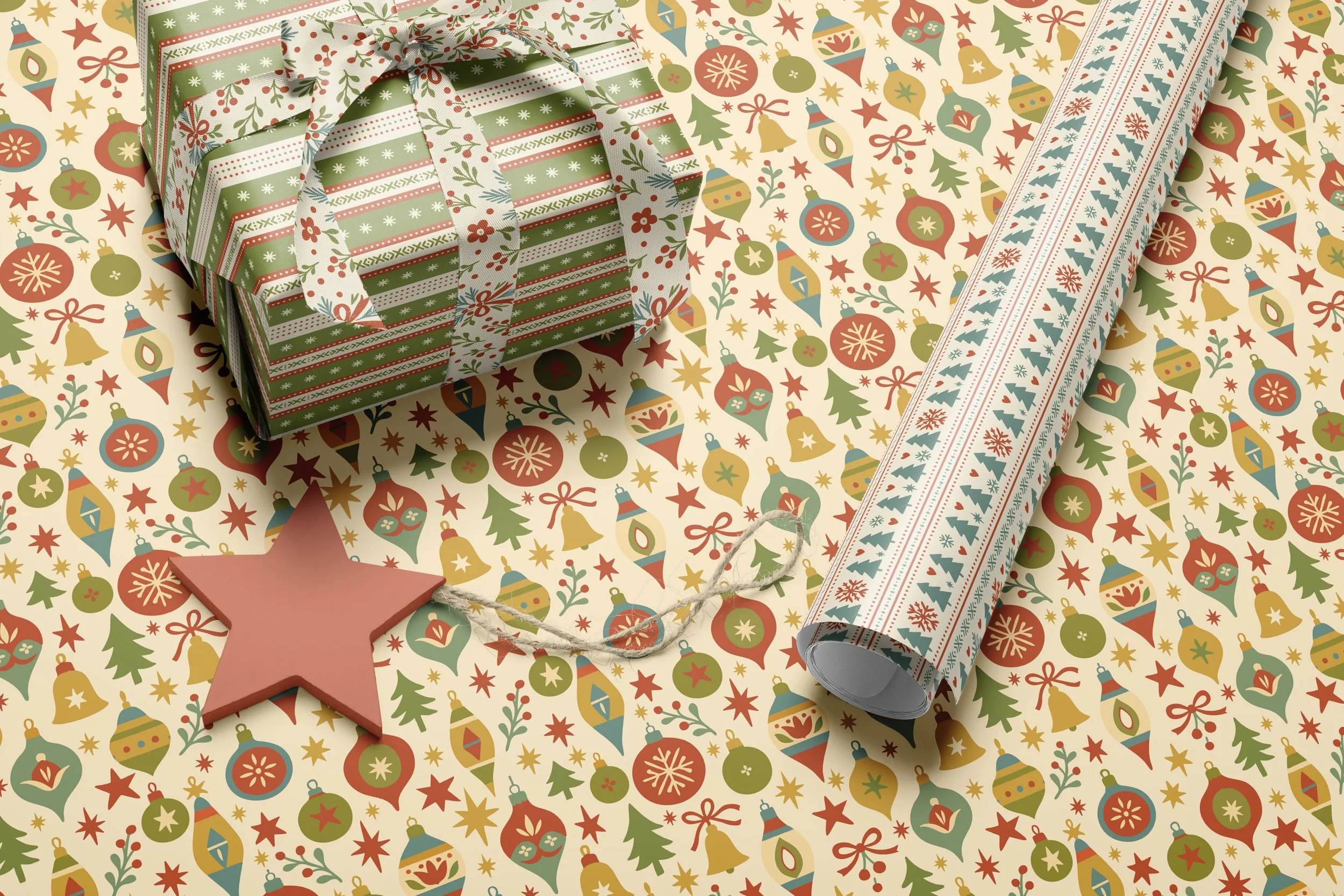 Coordinating Christmas Nostalgia patterns shown on festive gift wrap