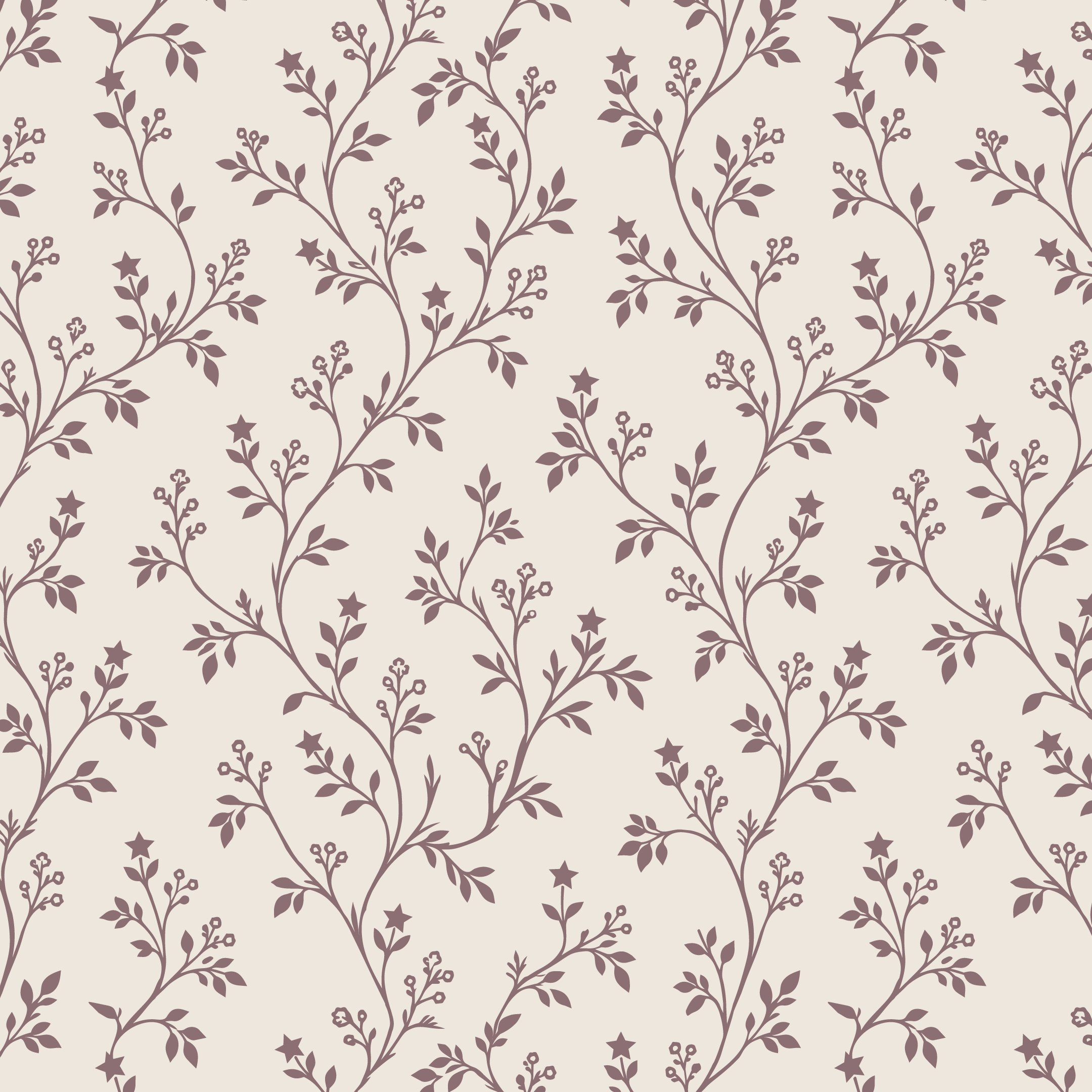 Mauve botanical star vine nursery pattern featuring delicate trailing branches, leaves, small flowers, and scattered stars against a warm ivory background, coordinating with The Moon Garden modern toile.