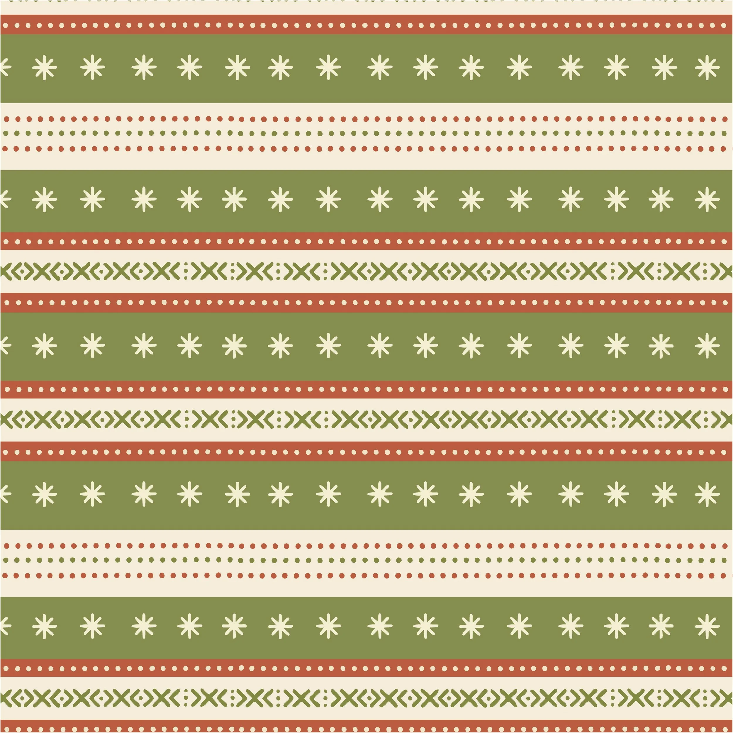 Retro Christmas stripe pattern with snowflakes and geometric details in red, sage and cream