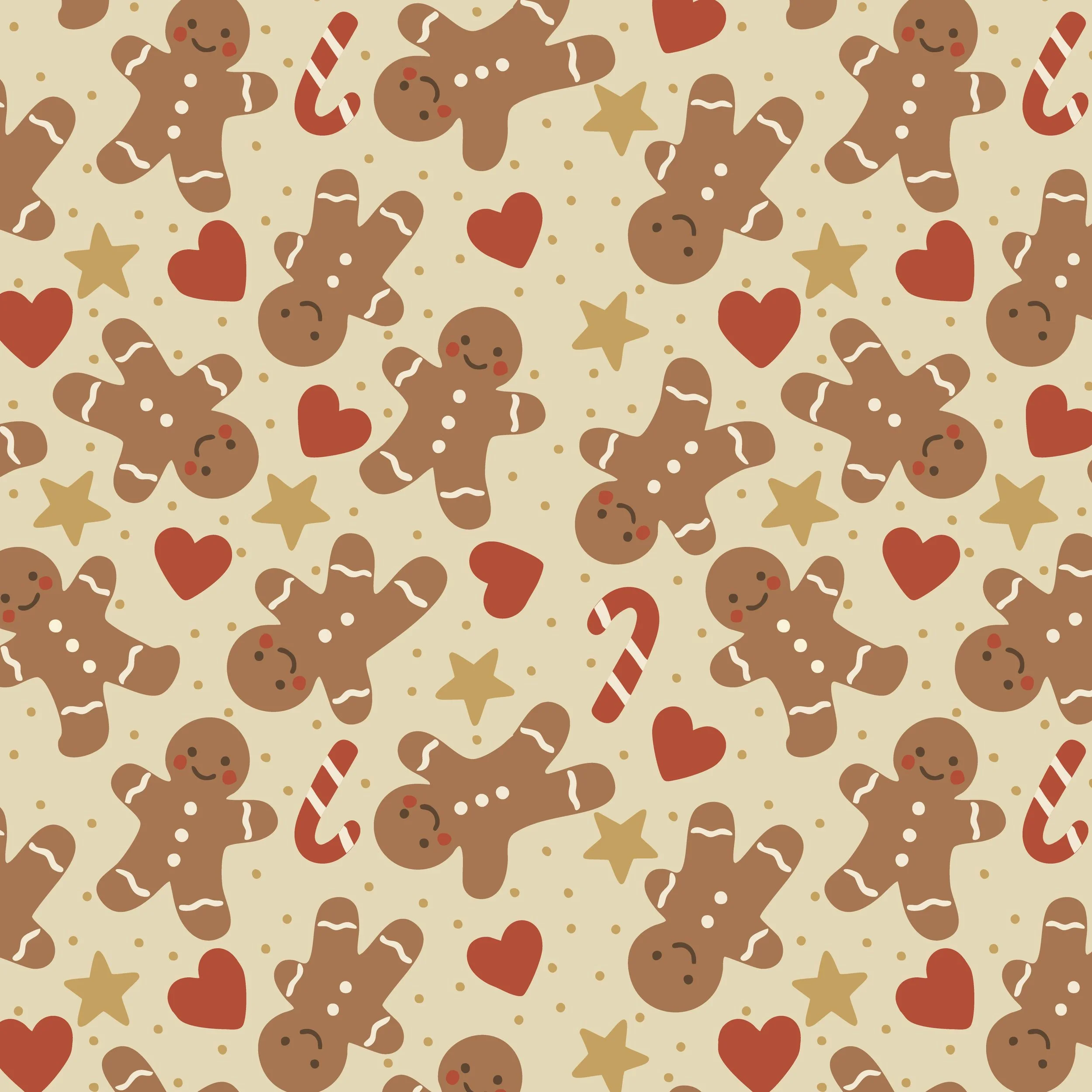 Gingerbread cookie Christmas pattern with candy canes, red hearts and golden stars