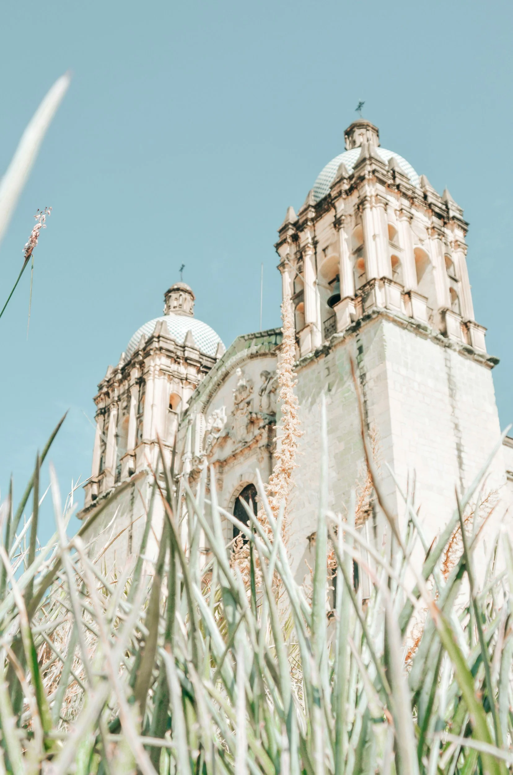 Low angle view of a historic church with two domed towers, surrounded by tall grass, under a clear blue sky.