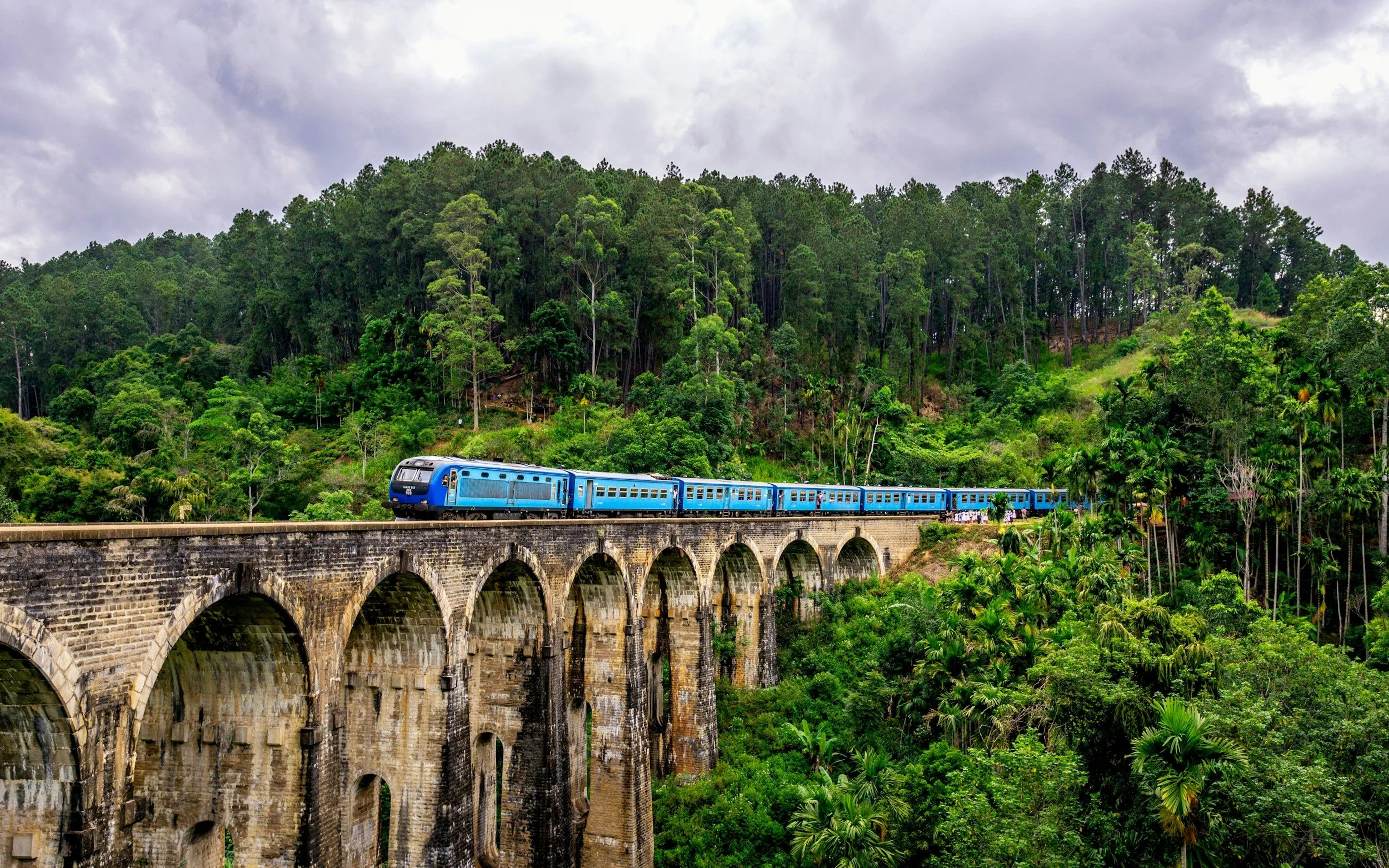 Blue train crossing a stone viaduct in a lush green forest setting.