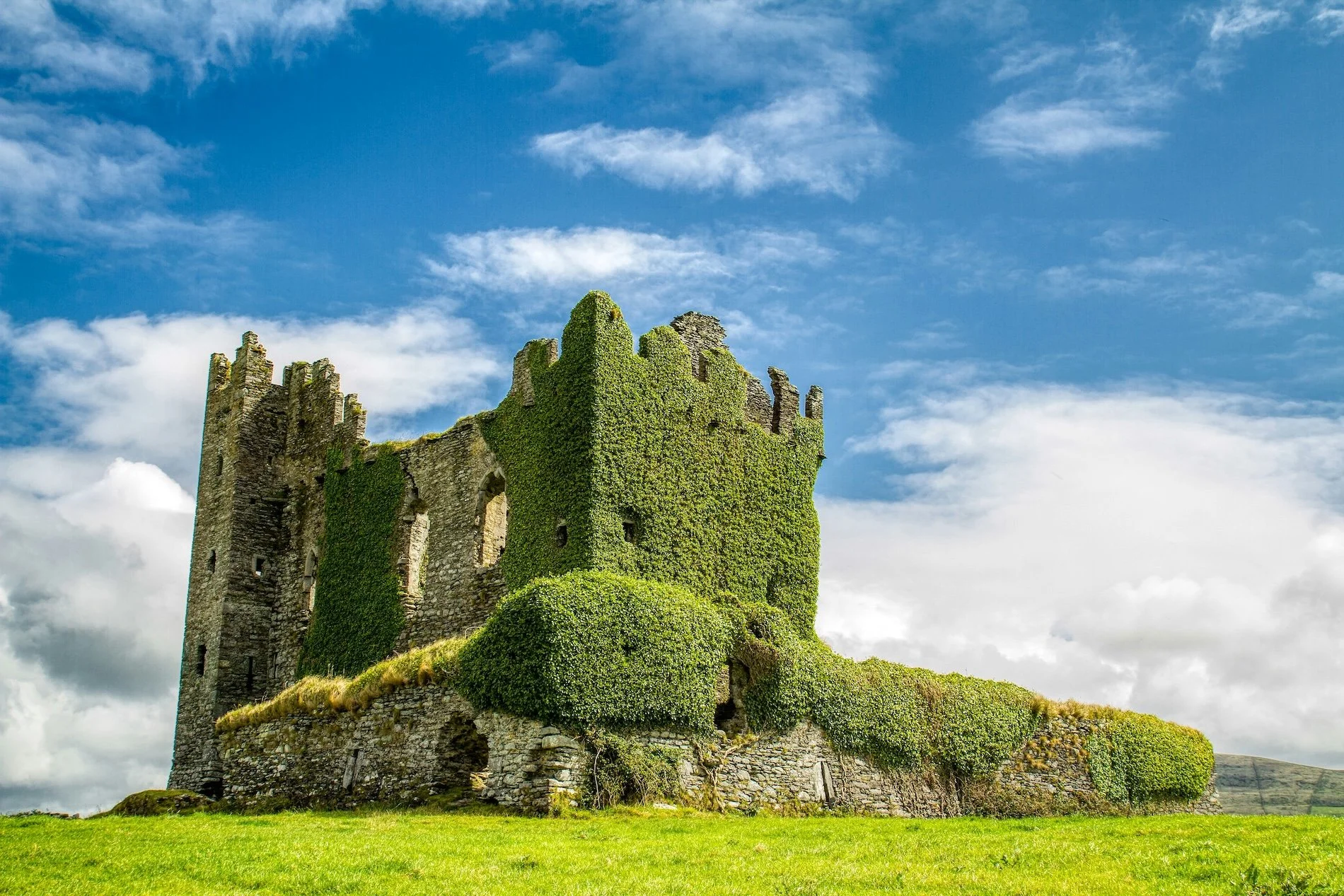 An ancient stone castle covered in green ivy, situated on a grassy field under a partly cloudy sky.