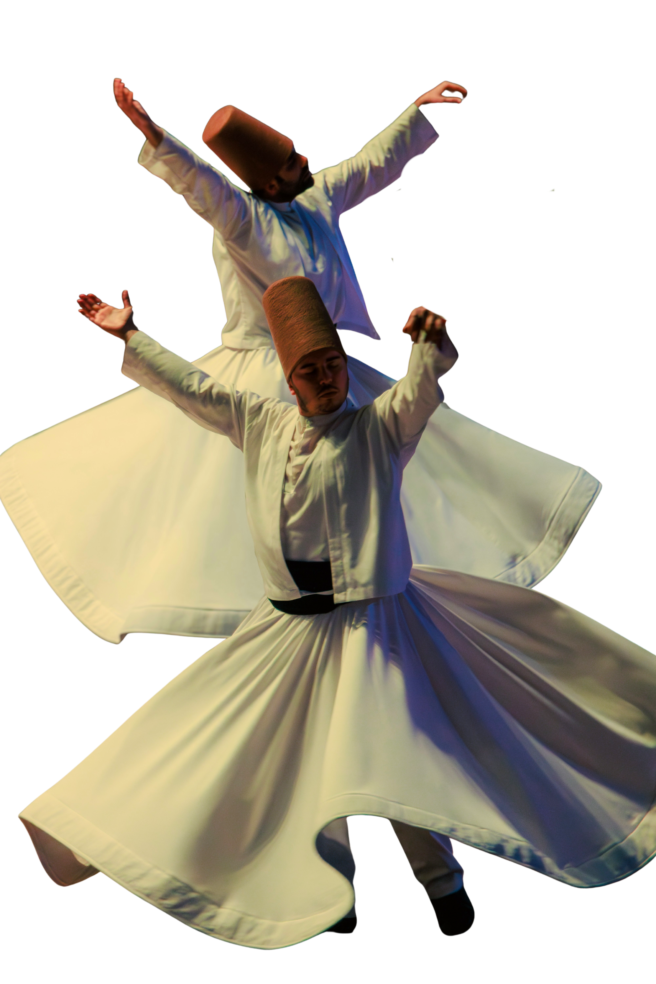Two whirling dervishes in traditional white robes and tall brown hats performing a Sufi dance with arms raised and spinning.