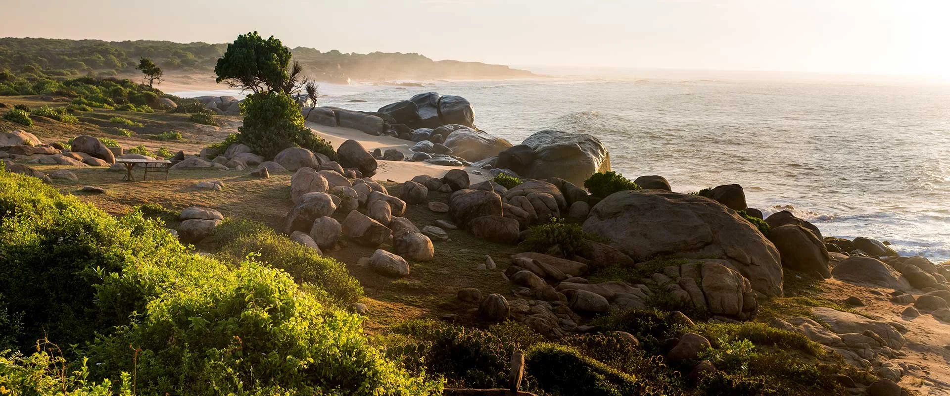 Coastal landscape with large rocks, greenery, and the ocean at sunset.