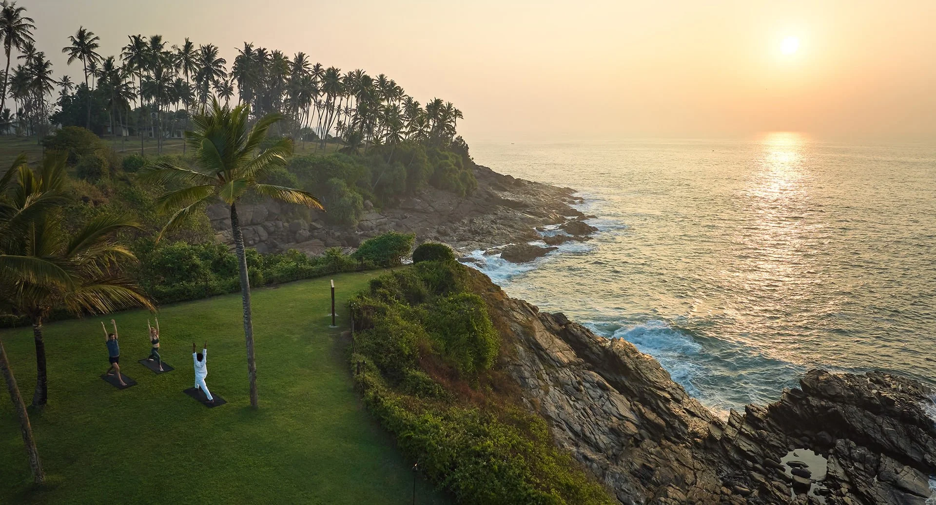 People practicing yoga on a grassy cliff with palm trees, overlooking the ocean and a sunrise.