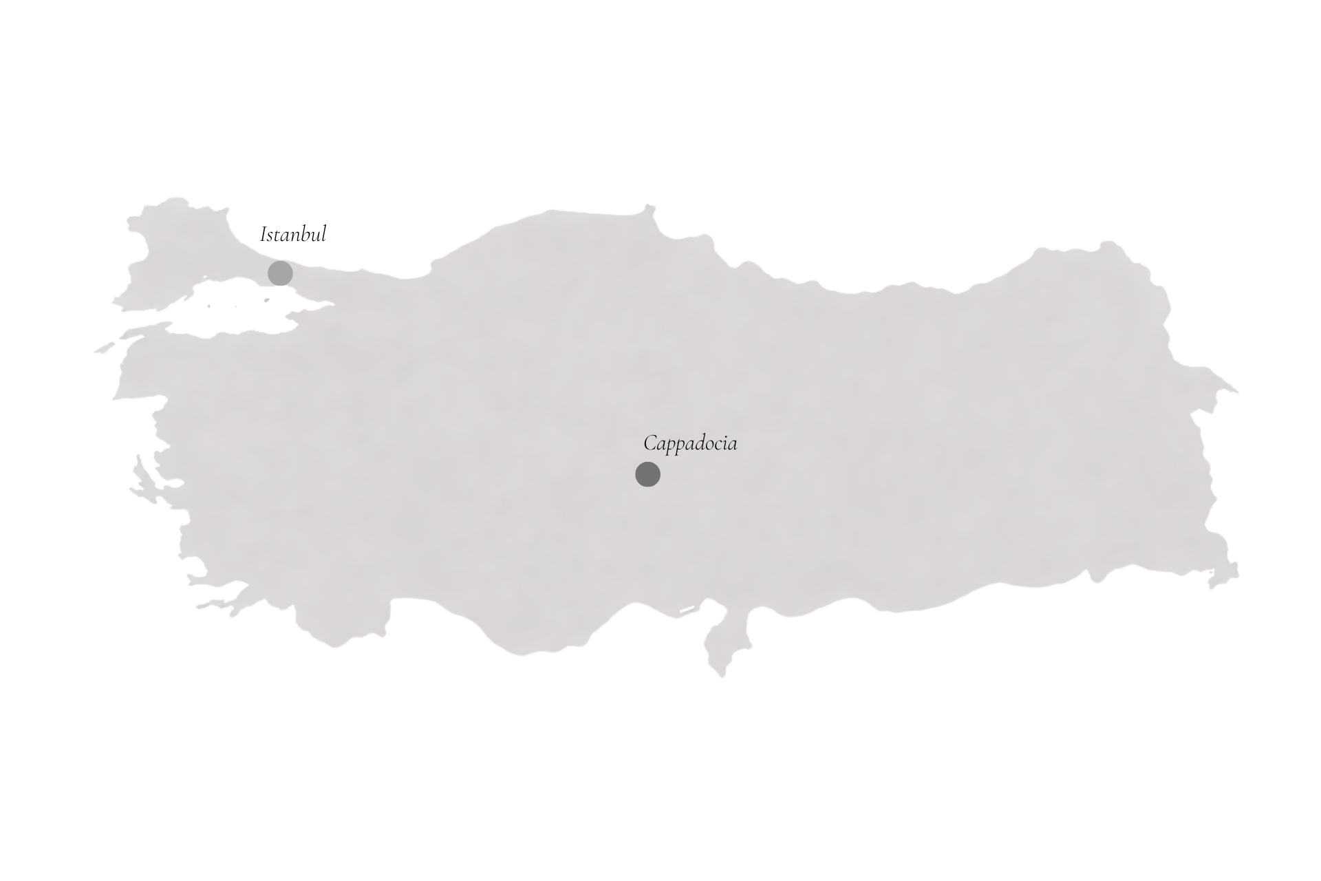 Map of Turkey with two cities labeled: Istanbul in the northwest and Cappadocia in the central region.