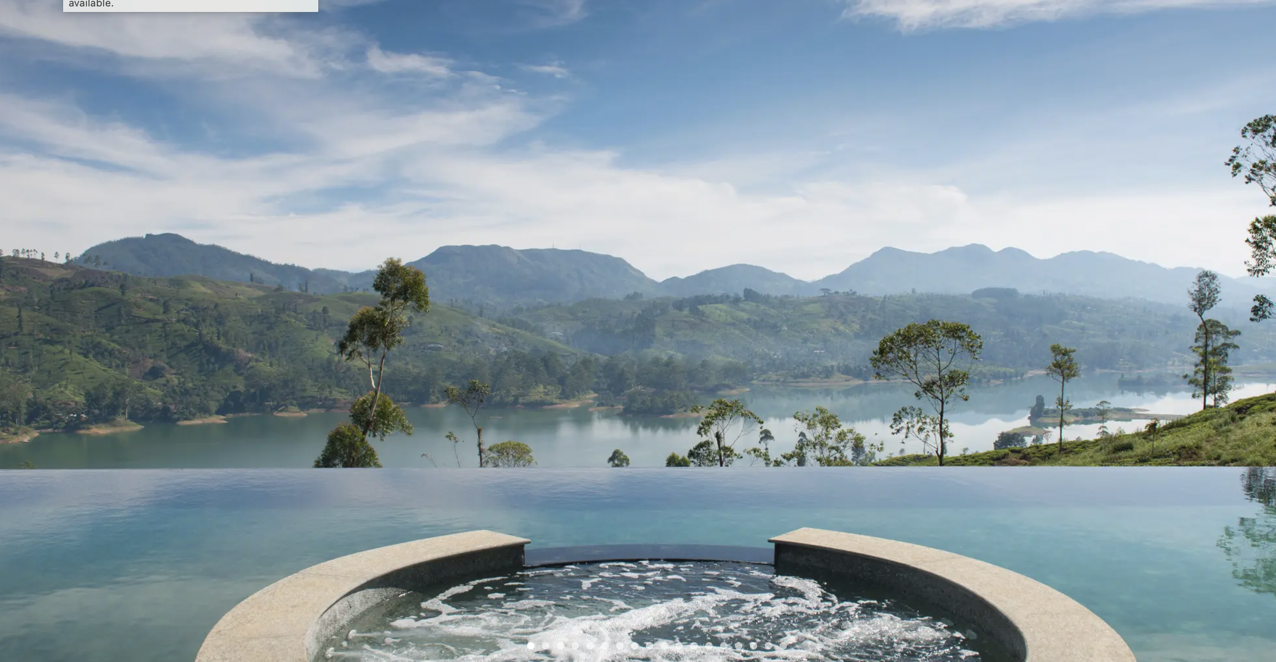 Infinity pool overlooking a scenic mountain and lake landscape, with trees and clear blue sky.