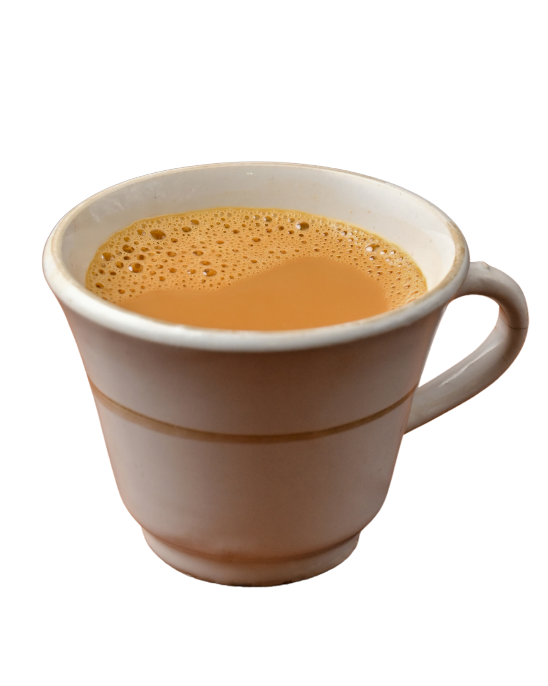 A white mug filled with tea on a black background.