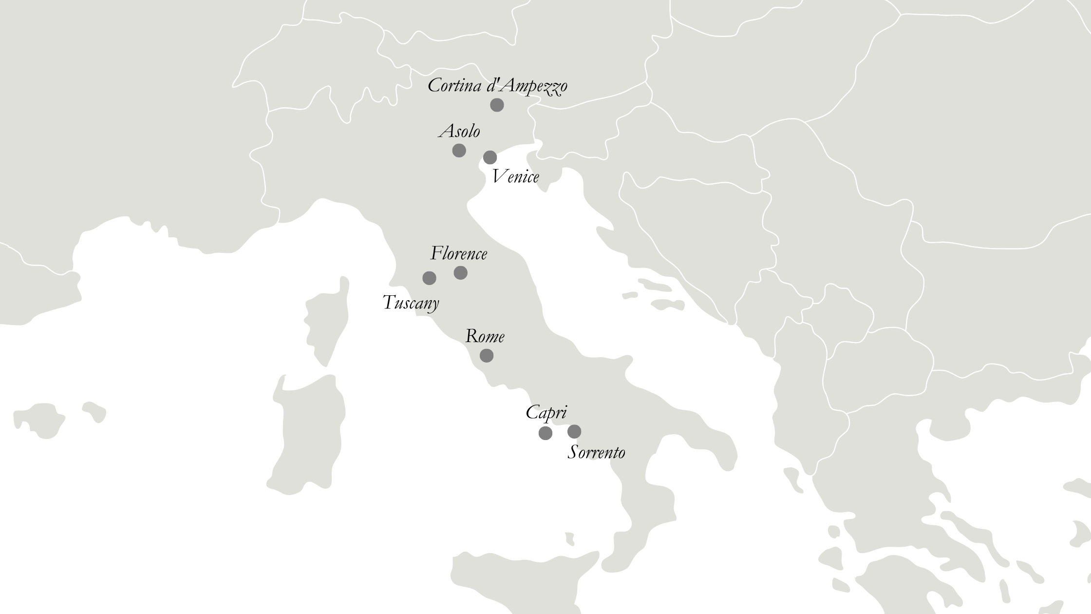Map of Italy highlighting locations: Cortina d'Ampezzo, Asolo, Venice, Florence, Tuscany, Rome, Capri, and Sorrento.