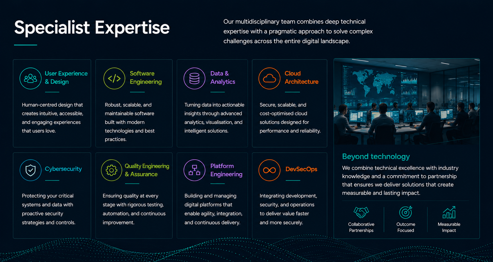 A digital information board displays the company's multi-disciplinary expertise, including user experience, software engineering, data and analytics, cloud architecture, cybersecurity, quality engineering, platform engineering, and DevSecOps. It emphasizes a blend of technical excellence, industry knowledge, and a commitment to partnership, with visuals of a control room and icons representing collaboration, focus, and impact.